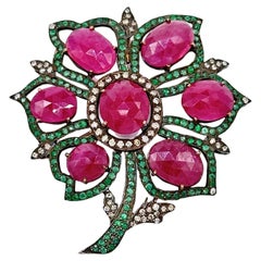 Vintage Flower Brooch Rubies, Emeralds and Diamonds silver solid 14K Gold pin