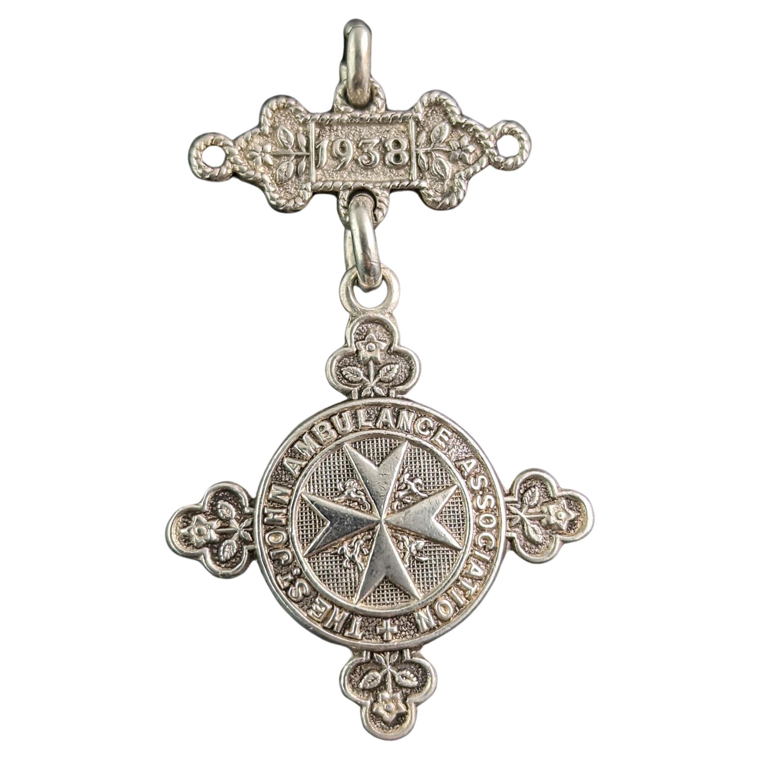 Vintage sterling silver fob pendant, St Johns Ambulance  For Sale
