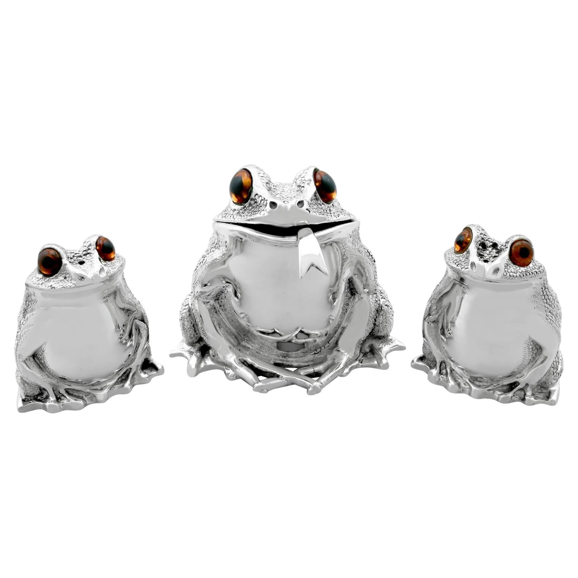 Novelty Sterling Silver Frog Condiment Set by William Comyns, London at