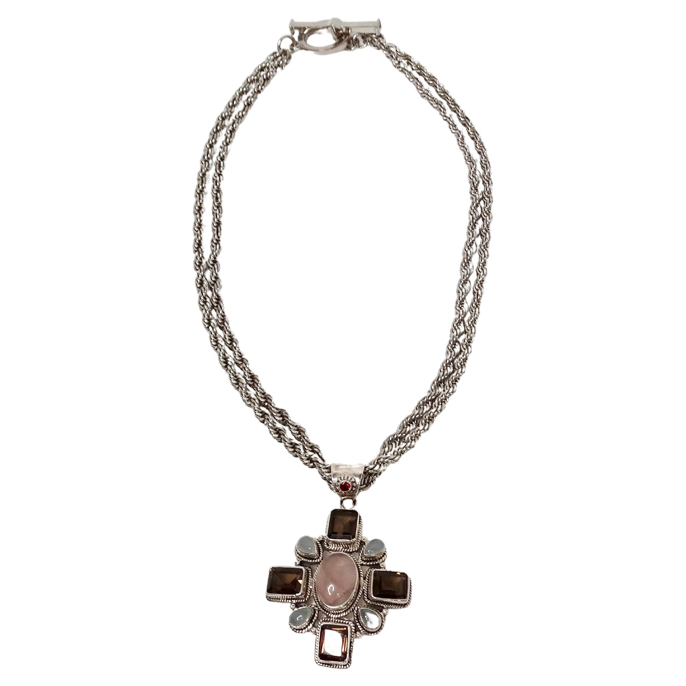Vintage Sterling Silver Gemstone Cross Pendant Rope Chain Necklace