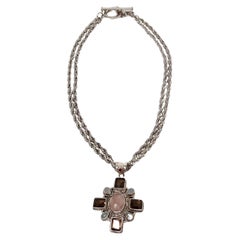 Vintage Sterling Silver Gemstone Cross Pendant Rope Chain Necklace