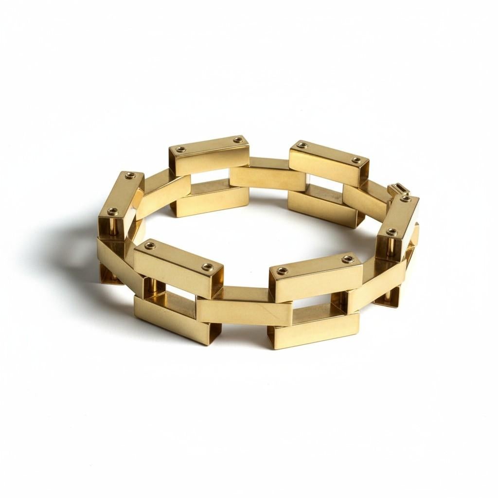 Bracciale geometrico modernista d'epoca in argento Sterling con maglie a scatola in tonalità oro in vendita 1