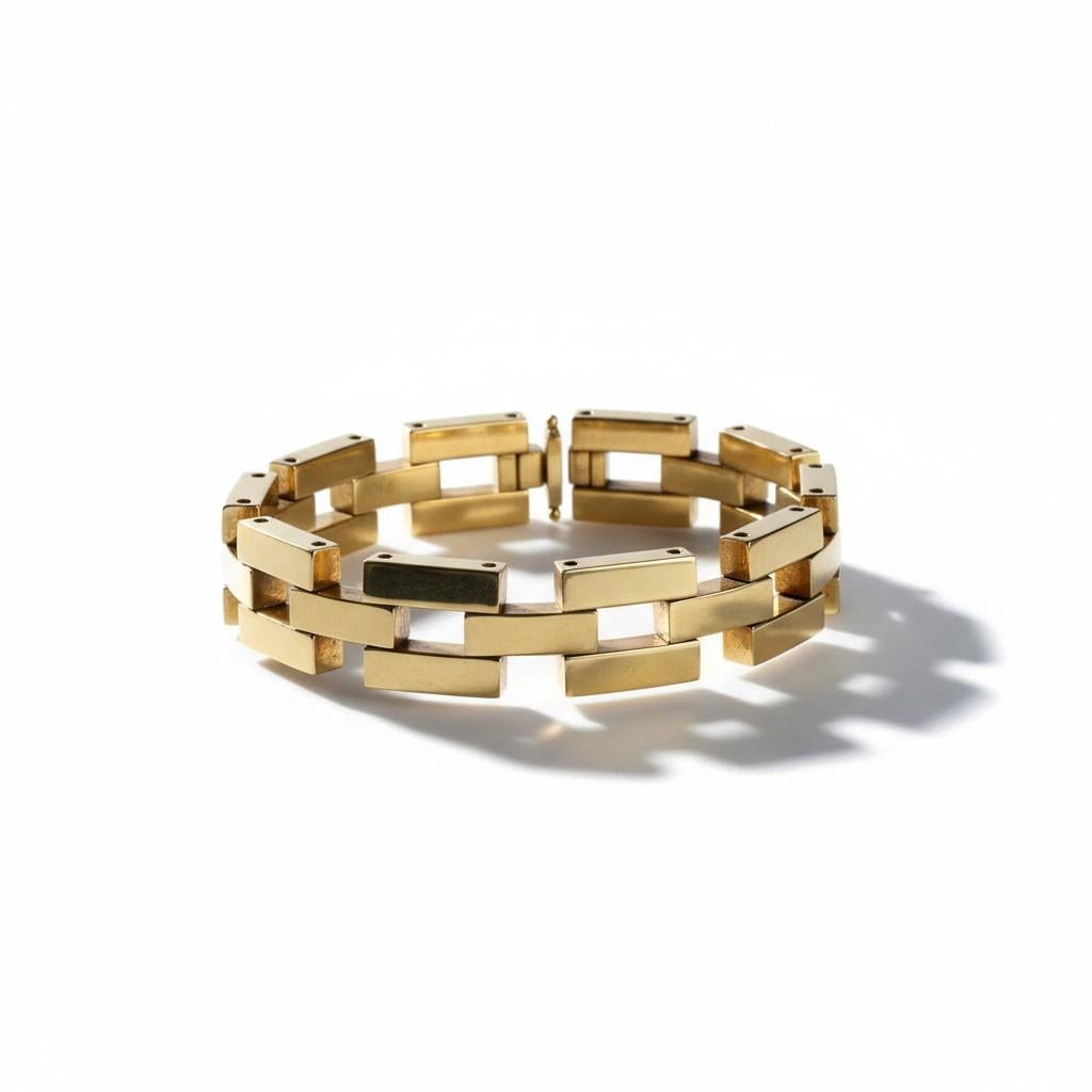 Bracciale geometrico modernista d'epoca in argento Sterling con maglie a scatola in tonalità oro in vendita 3