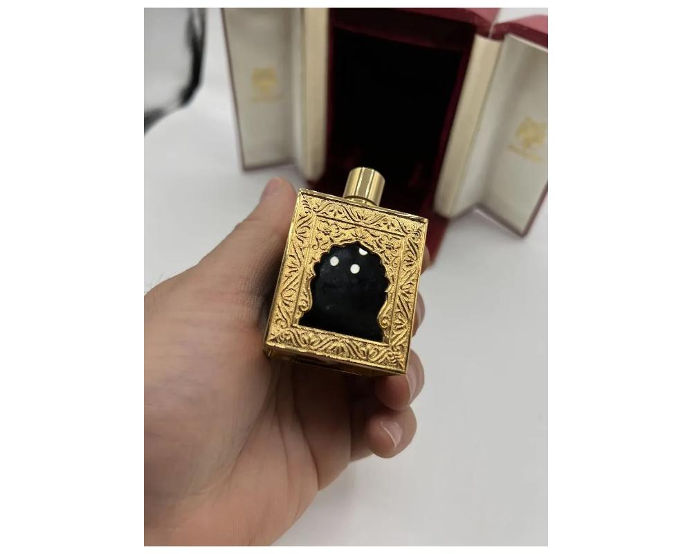 Vintage Sterling Silver Gilt AMOUAGE Perfume Bottle Middle Eastern Design Onyx In Good Condition In New York, NY
