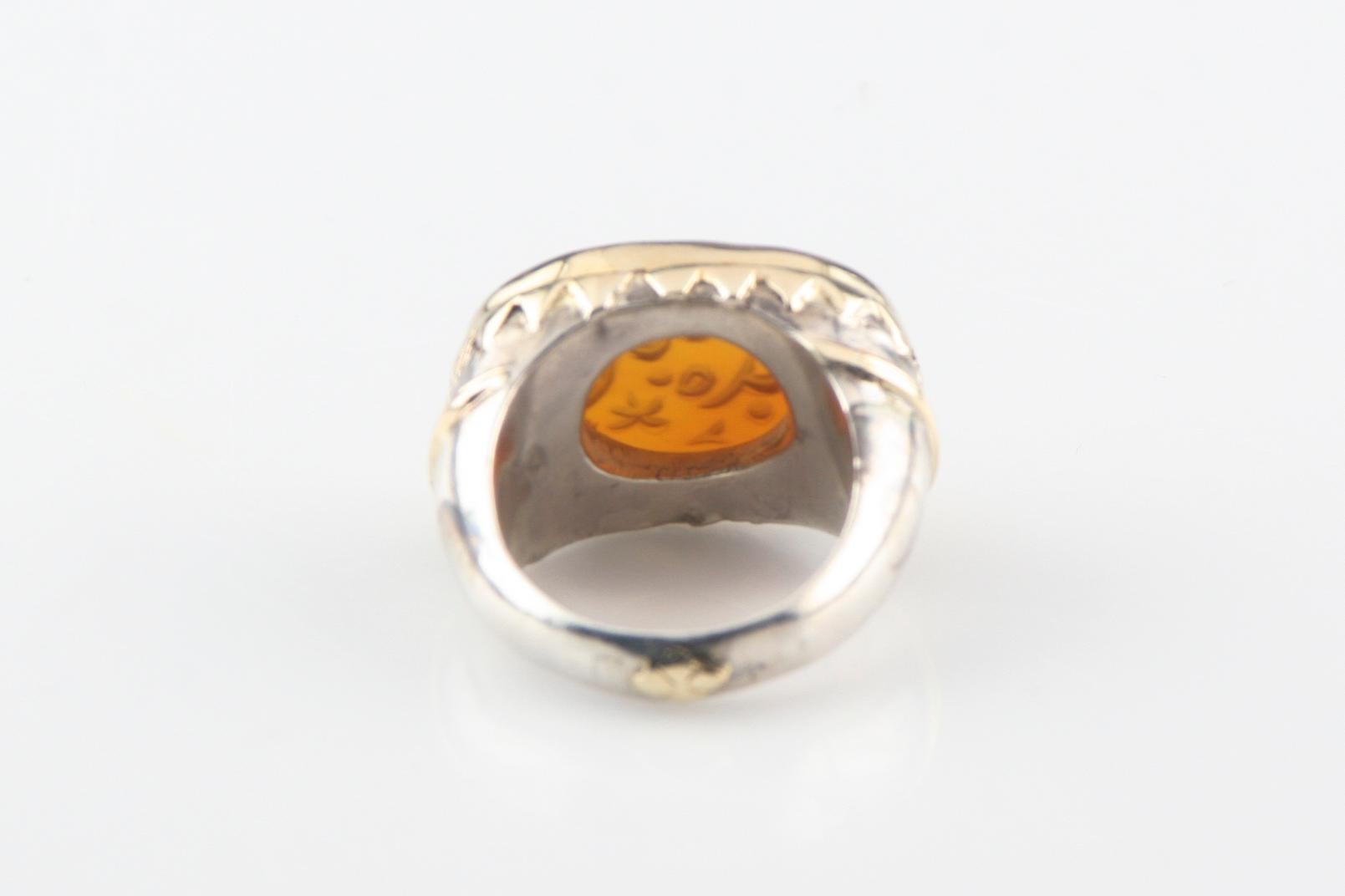 Women's or Men's Vintage Sterling Silver & Gold-Plated Golden Intaglio Glass Ring, Sz 10 For Sale