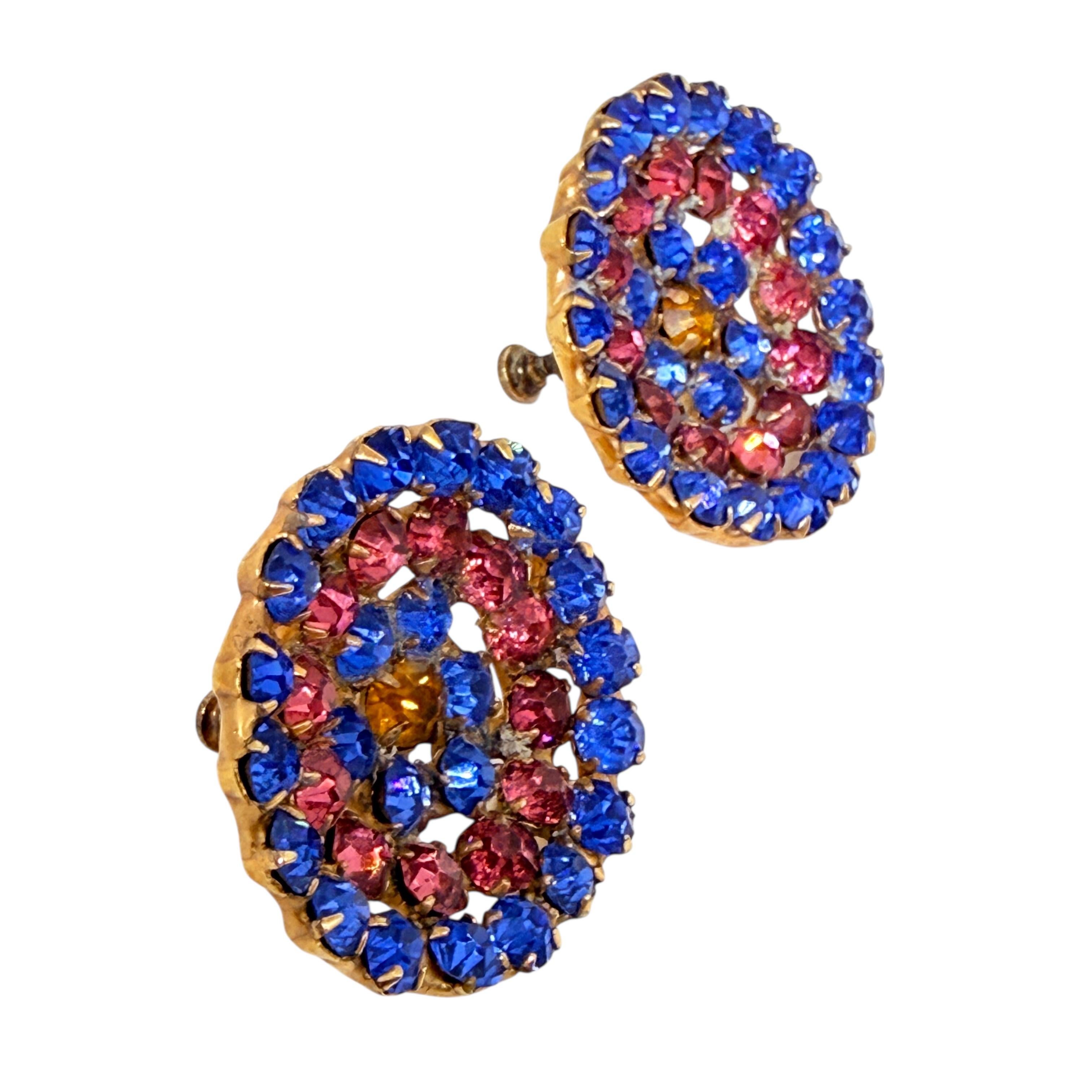 Vintage Sterling Silber vergoldet rosa blau Glas Schraube zurück Ohrringe für Damen oder Herren im Angebot