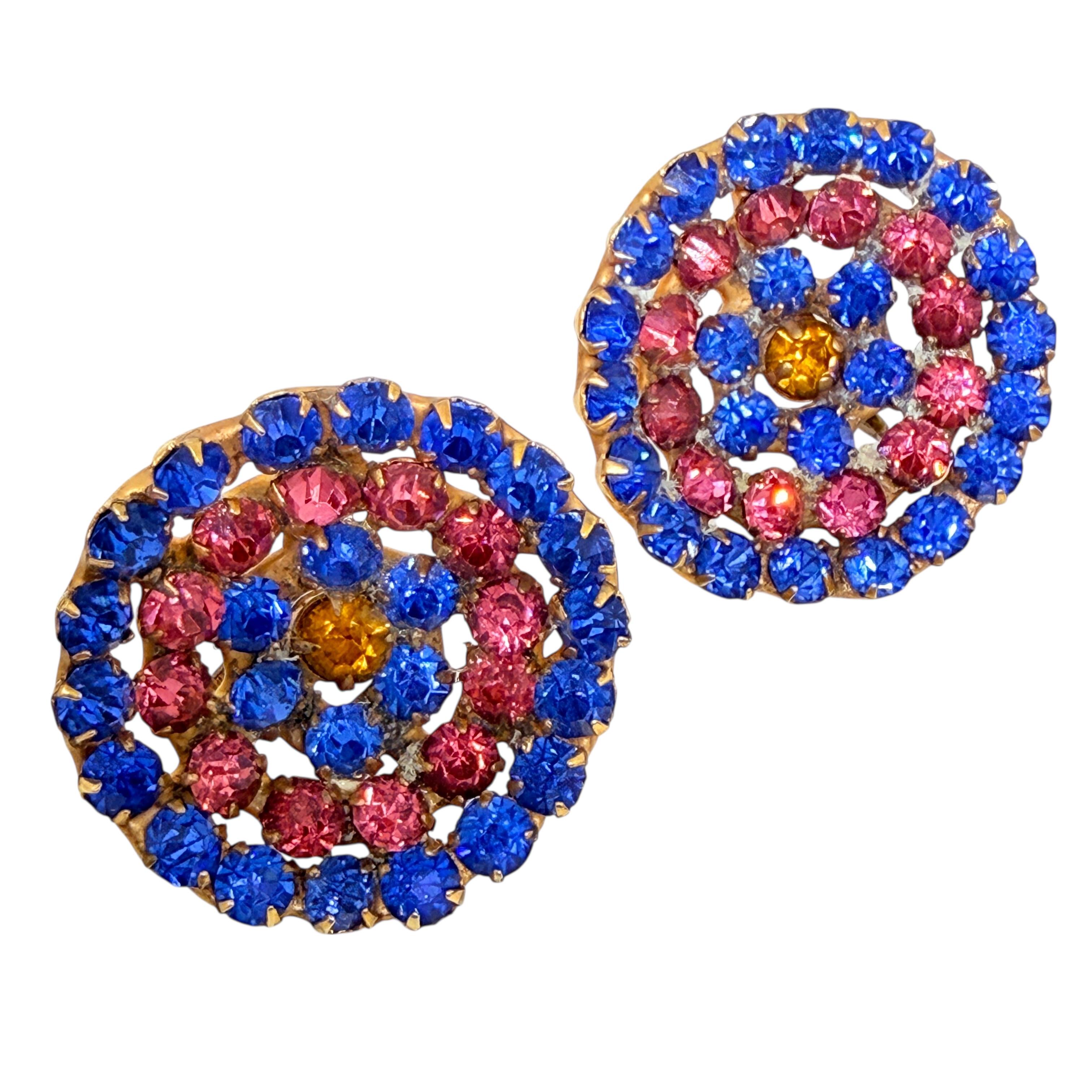 Vintage Sterling Silber vergoldet rosa blau Glas Schraube zurück Ohrringe im Angebot 1