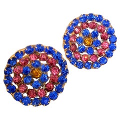 Orecchini a vite vintage in argento sterling placcato oro con vetro rosa e blu