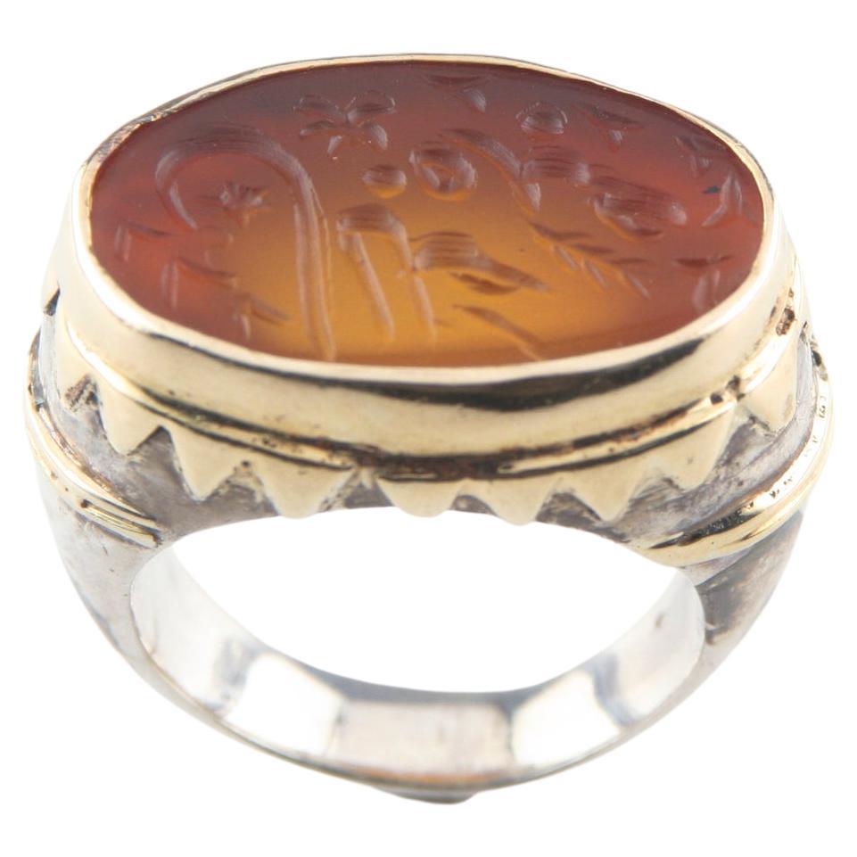 Vintage Sterling Silver & Gold-Plated Ring, Golden Intaglio Glass For Sale