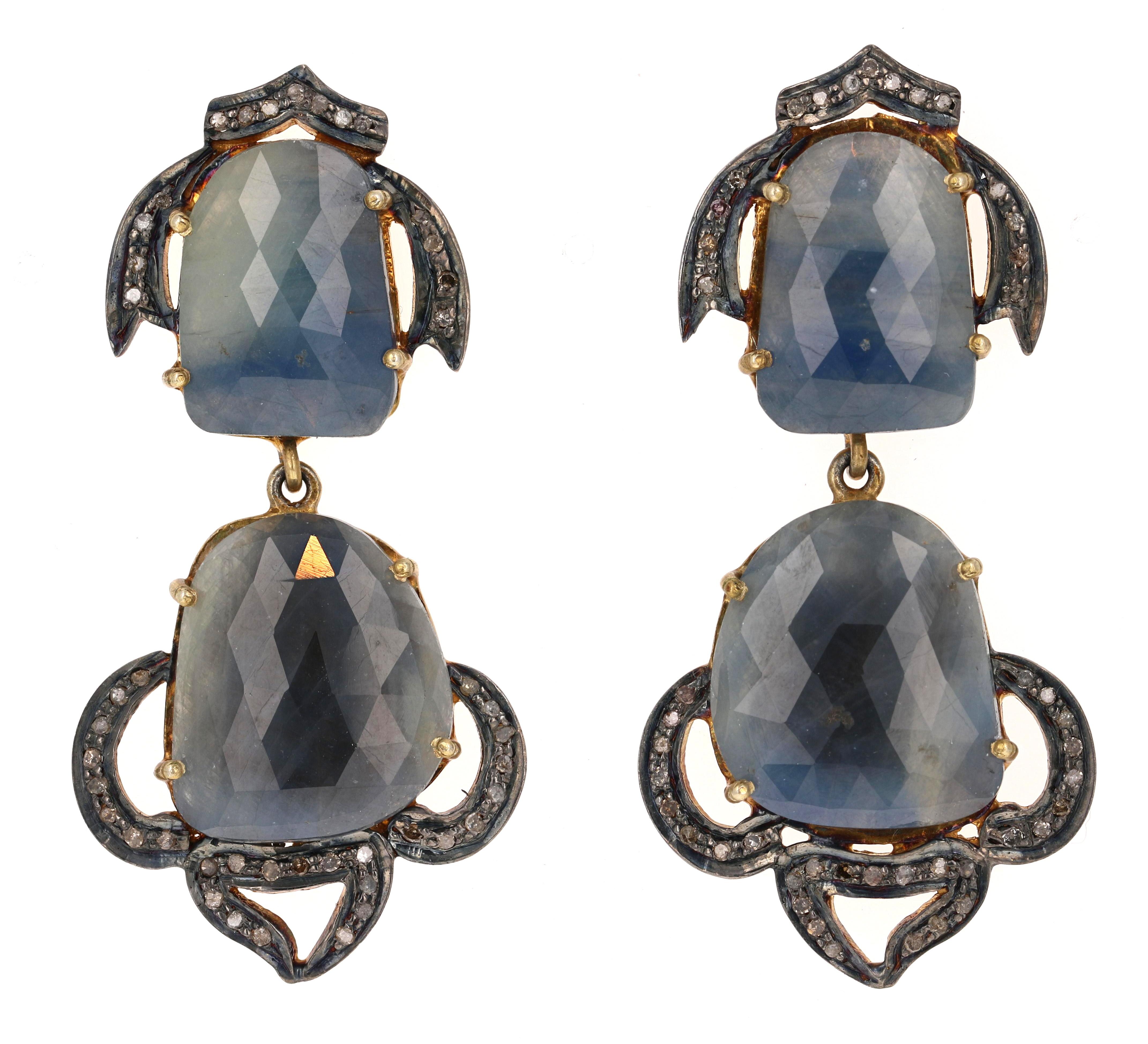 925 Sterling Silver, Gold Plated Earrings
Gorgeous  Sapphire Slice Chandelier Earrings
Vintage Finish
Standard Post & Push-back backing 