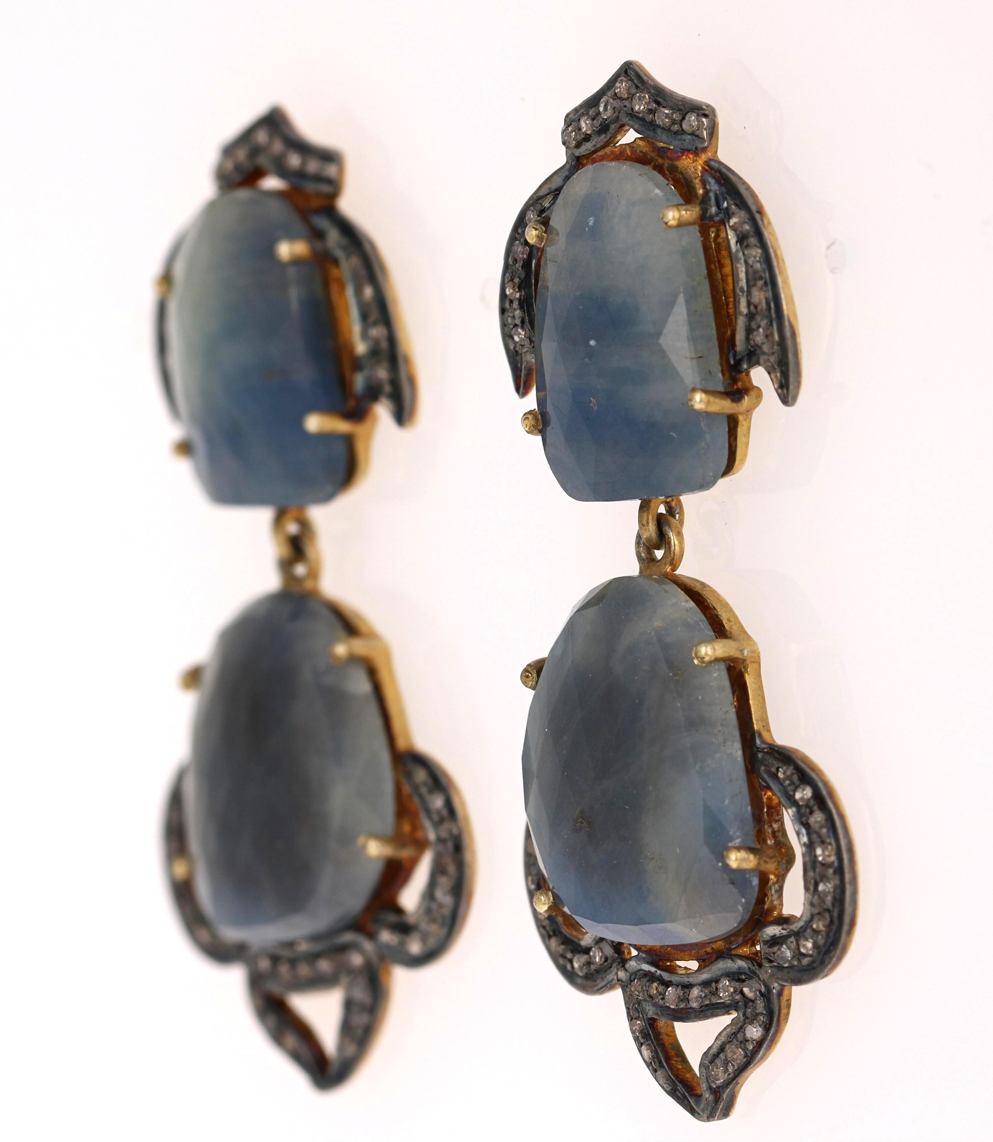 Artist Vintage Sterling Silver Gold-Plated Sapphire Slice Earrings