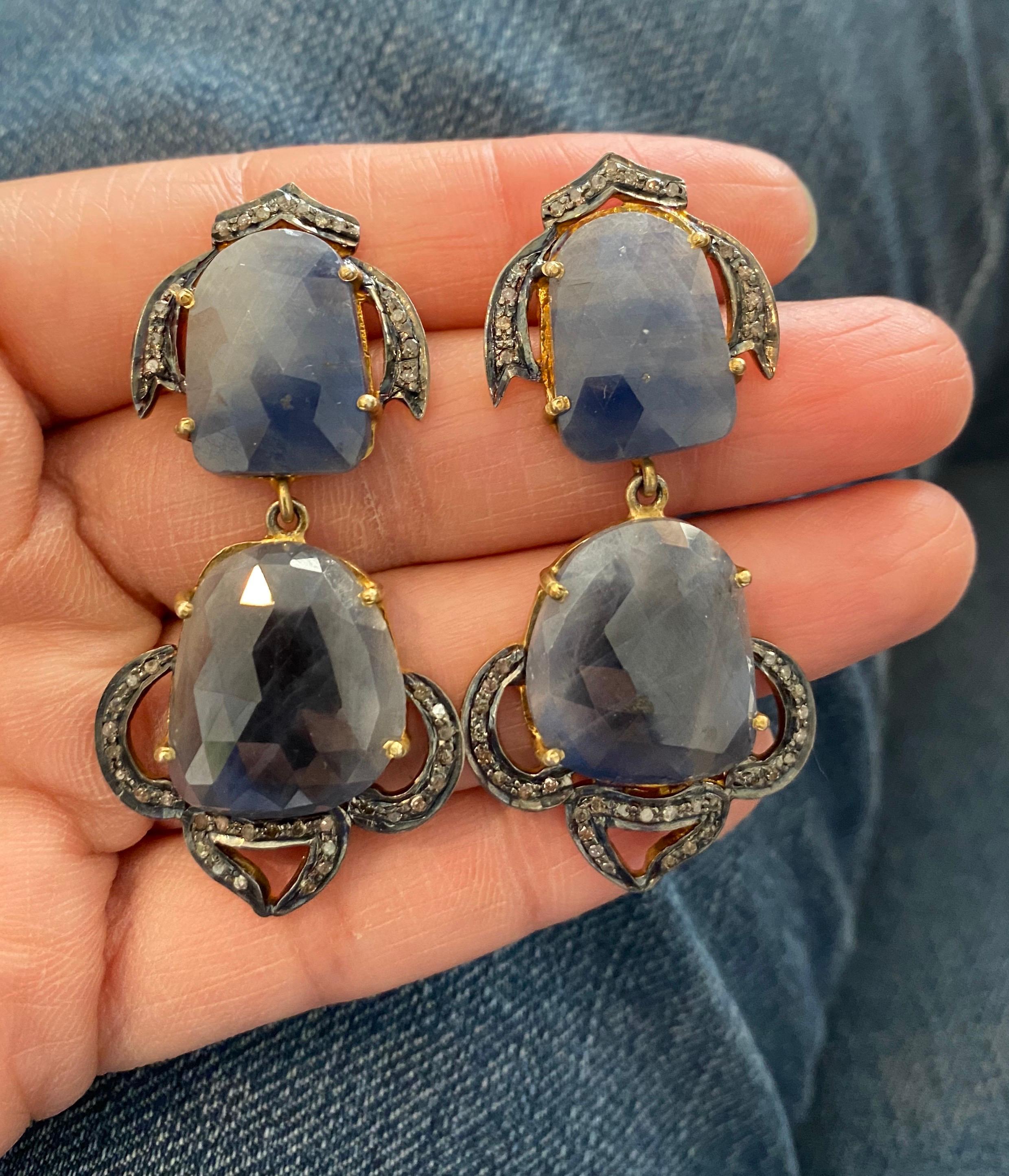 Uncut Vintage Sterling Silver Gold-Plated Sapphire Slice Earrings