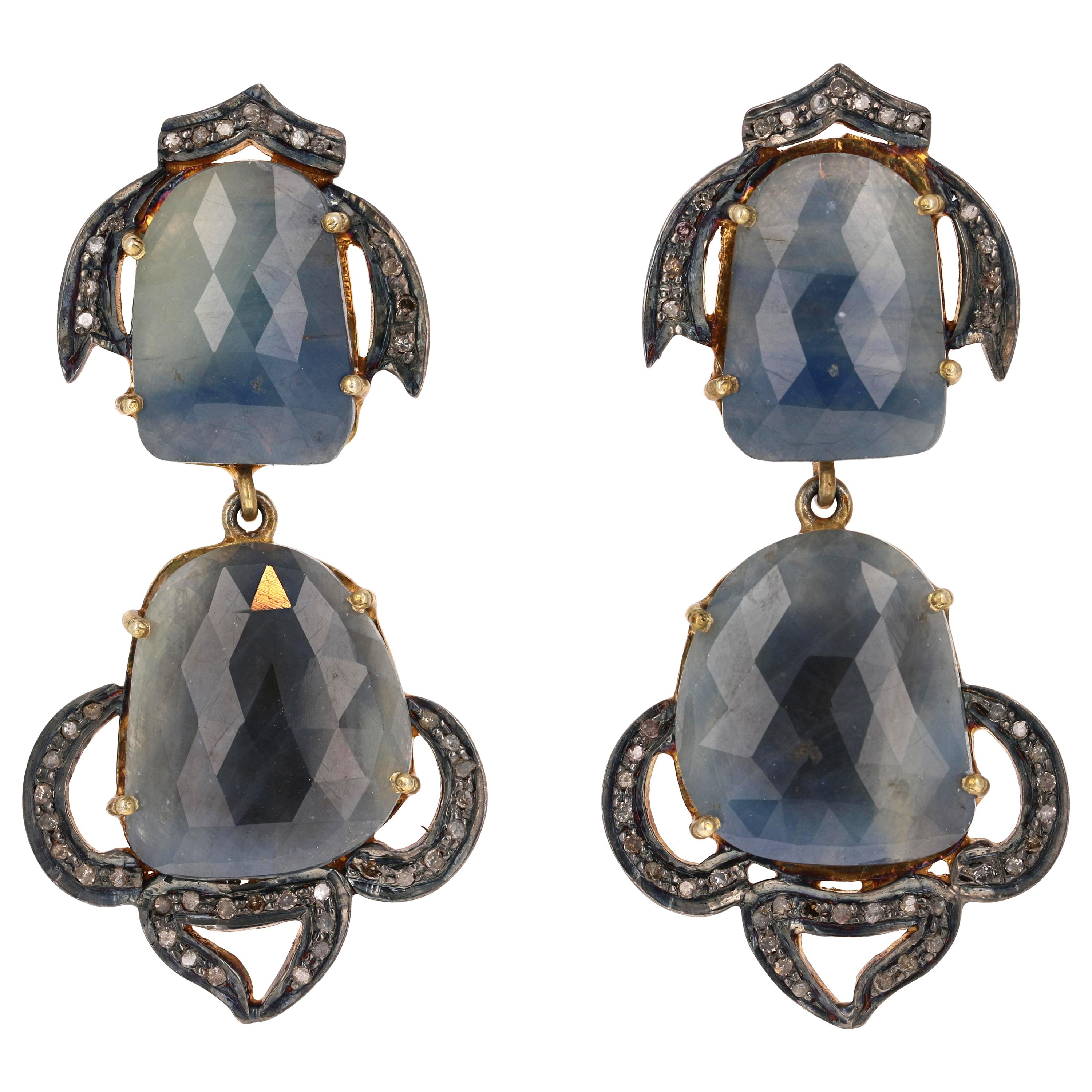 Vintage Sterling Silver Gold-Plated Sapphire Slice Earrings