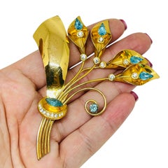 Vintage STERLING Silber vergoldet Vermeil Glas Topas massive Blume Brosche