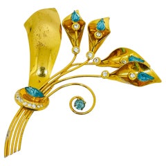 Vintage STERLING silver gold plated vermeil glass topaz massive flower brooch