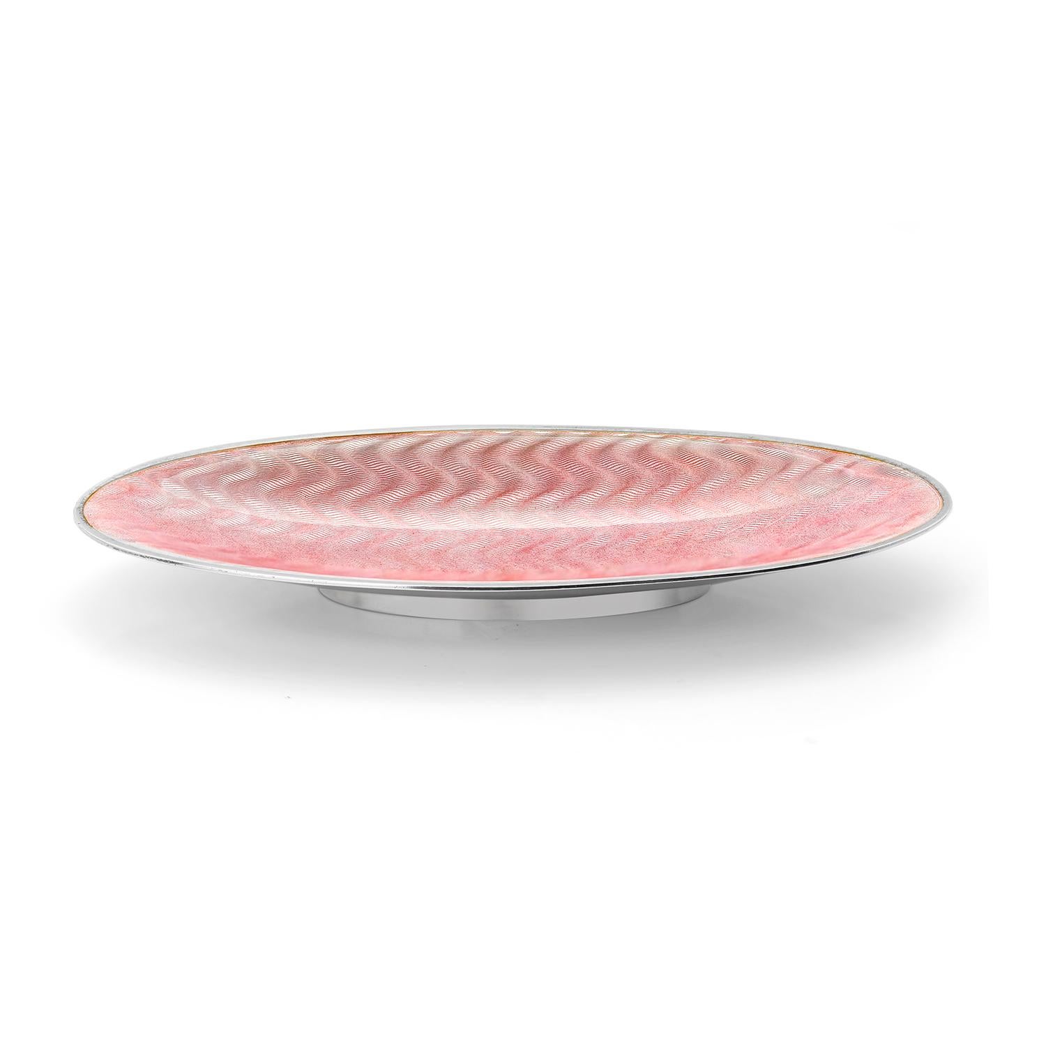 Art Deco Vintage Sterling Silver Guilloché Translucent Pink Enameled Oval Footed Pin Tray