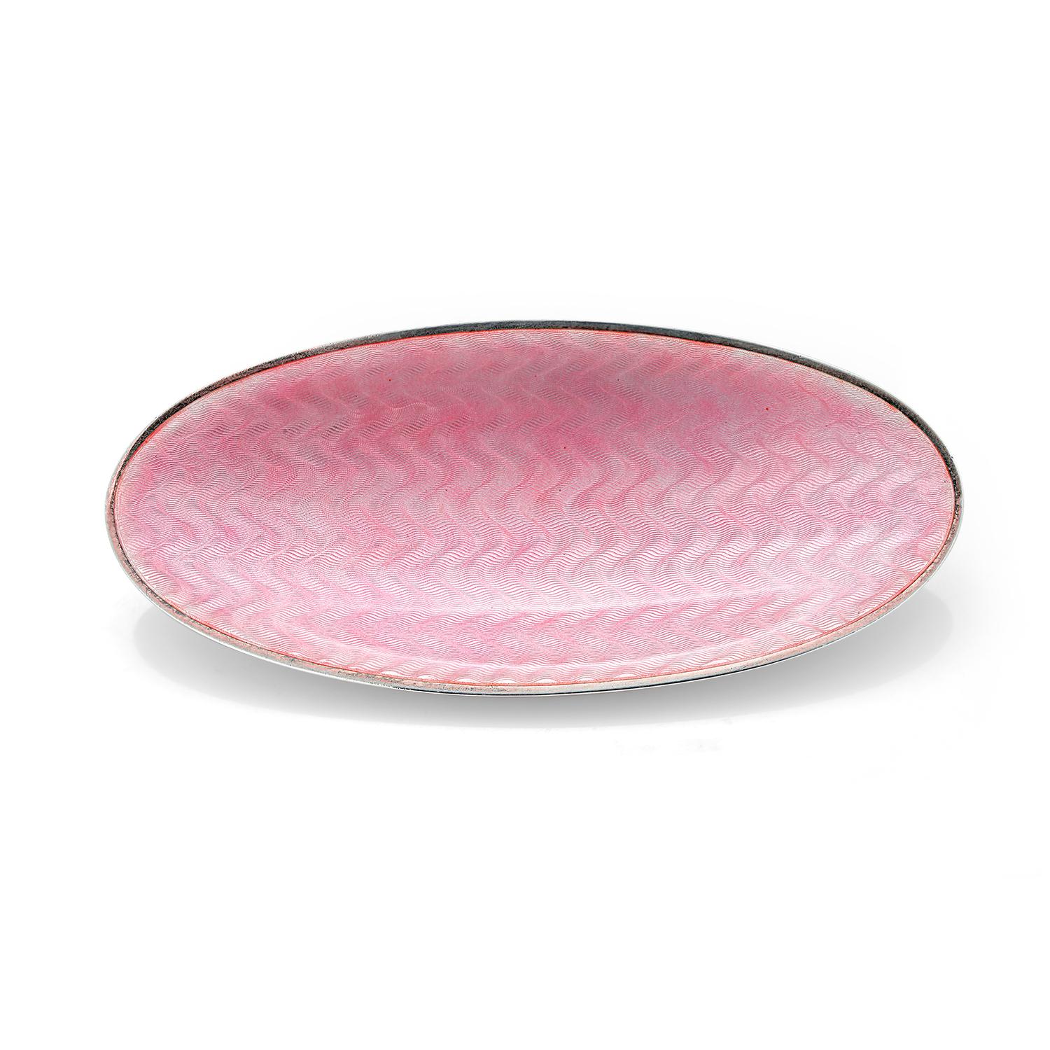 Vintage Sterling Silver Guilloché Translucent Pink Enameled Oval Footed Pin Tray In Good Condition In New York, NY