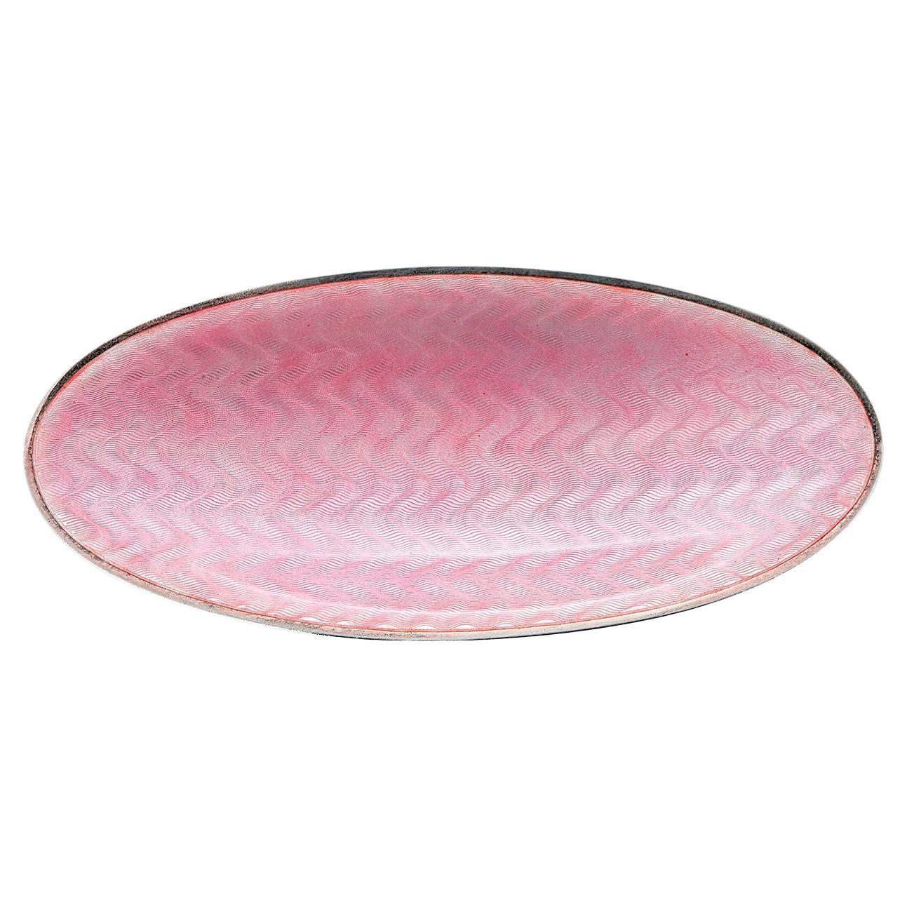 Vintage Sterling Silver Guilloché Translucent Pink Enameled Oval Footed Pin Tray