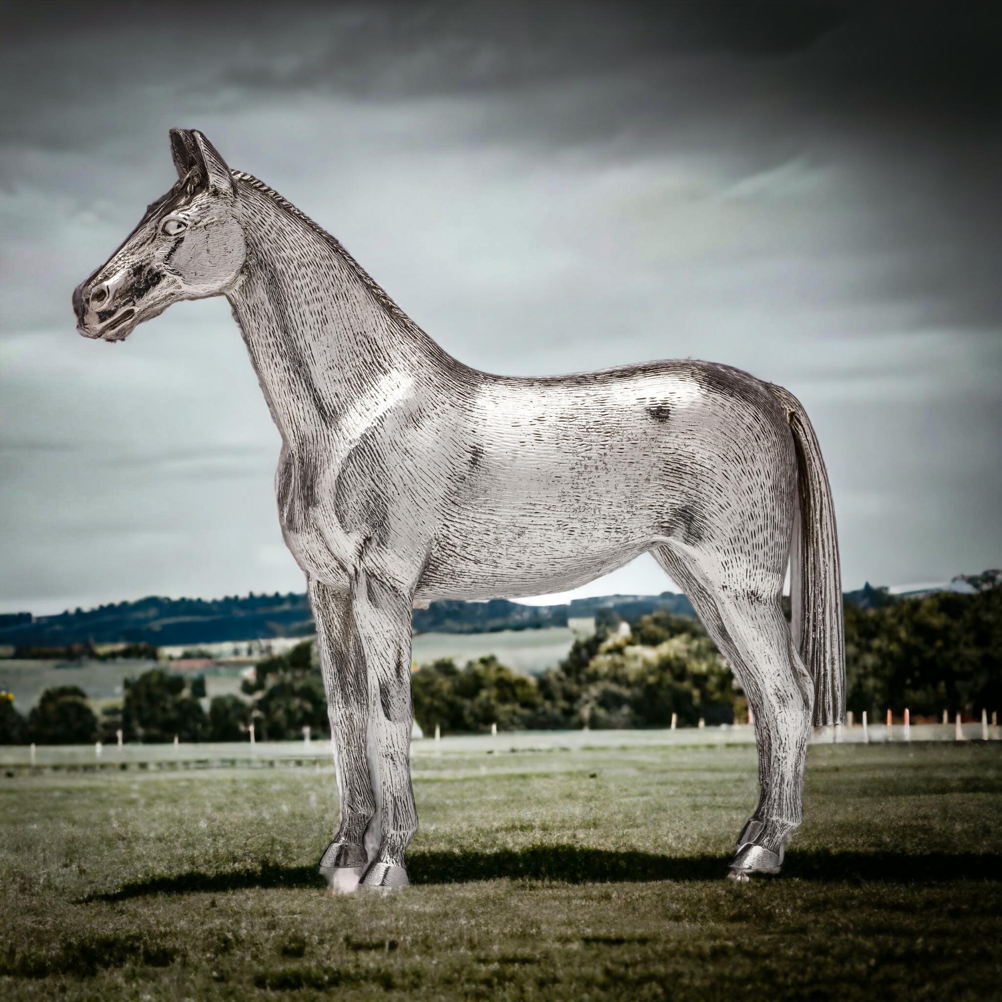 Stunning Vintage Sterling Silver Horse Figurine
Maker: Albert Edward Jones 
Made in the United Kingdom, Birmingham 1972 

 In the hands of the illustrious silversmith, Albert Edward Jones, silver transcends its natural beauty to form this elegant
