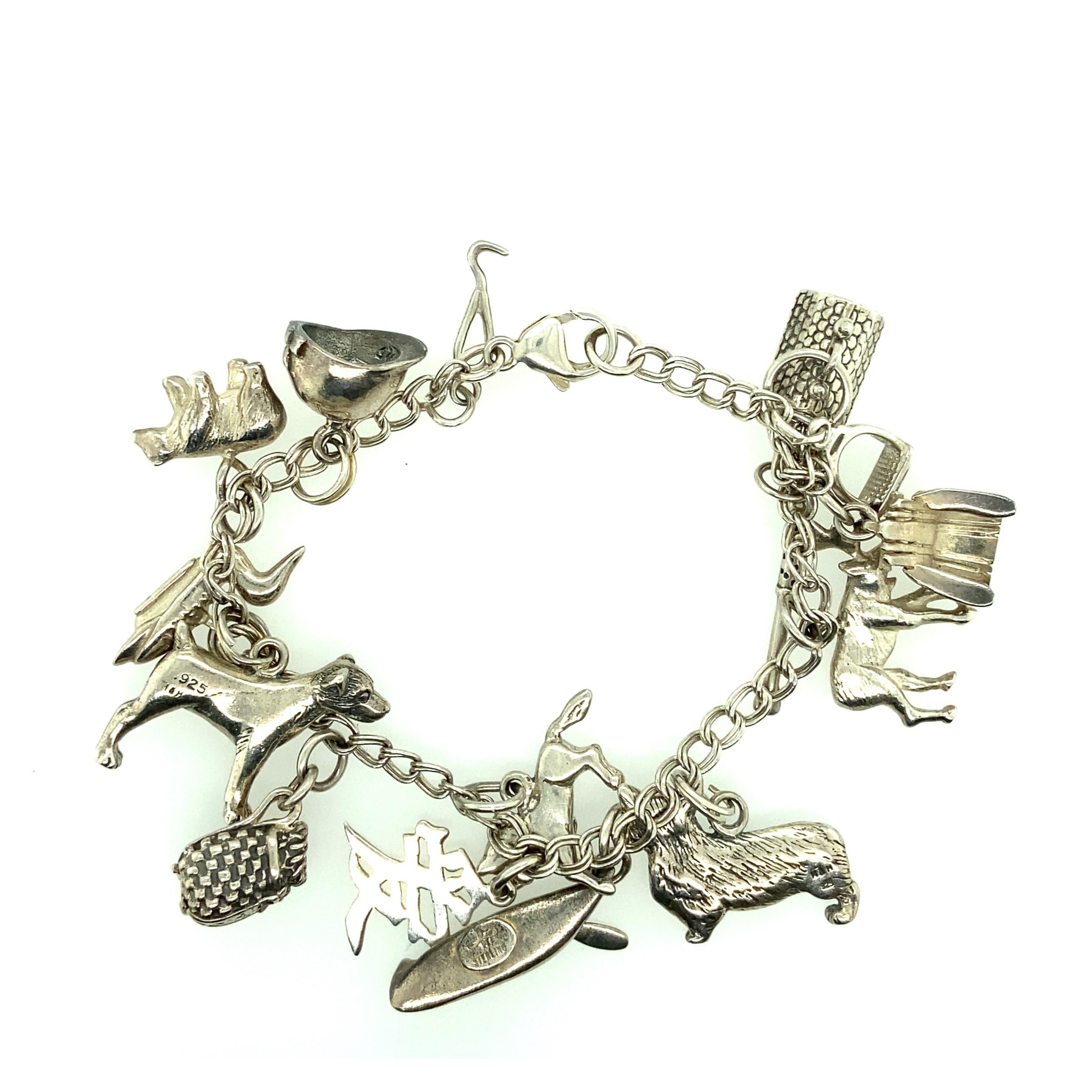 Vintage-Charm-Armband aus Sterlingsilber mit Jagdmotiv, 1960er Jahre für Damen oder Herren