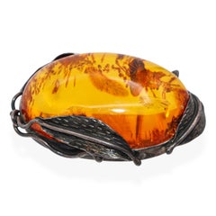 Vintage Sterling Silver Japanese 81.2ct AAA Quality Kuji Amber Floral Brooch