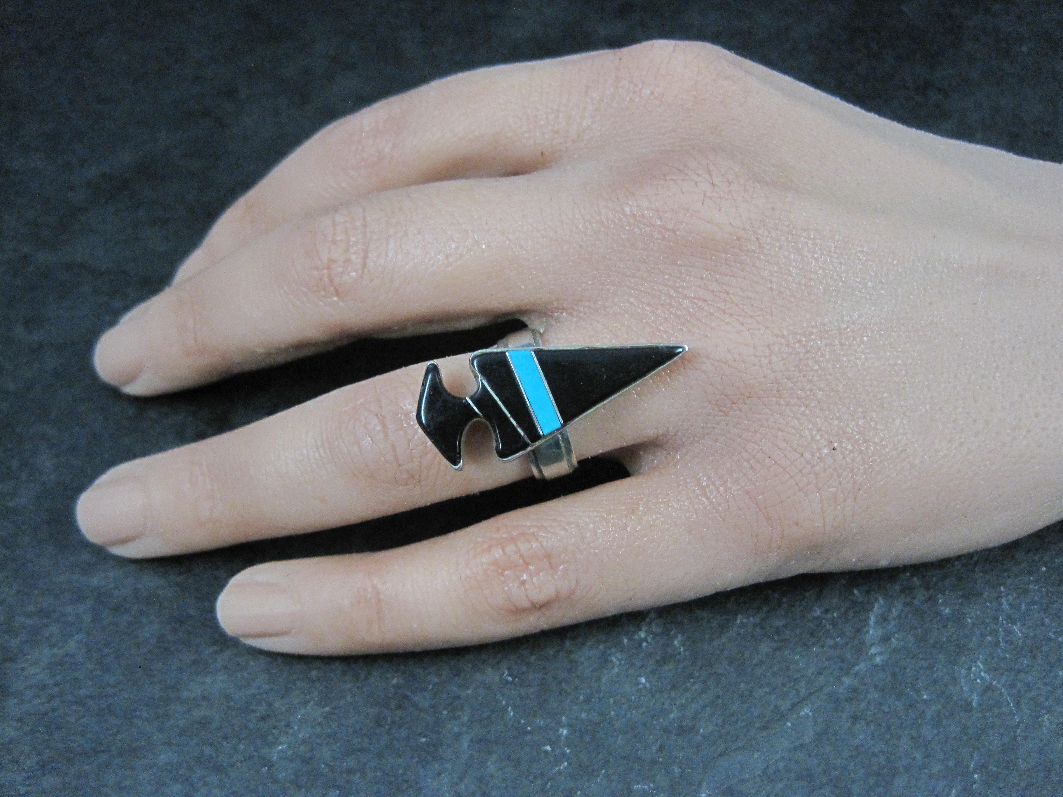 Vintage Sterling Silver Jet and Turquoise Inlay Arrowhead Ring Size 6 Signed For Sale 5