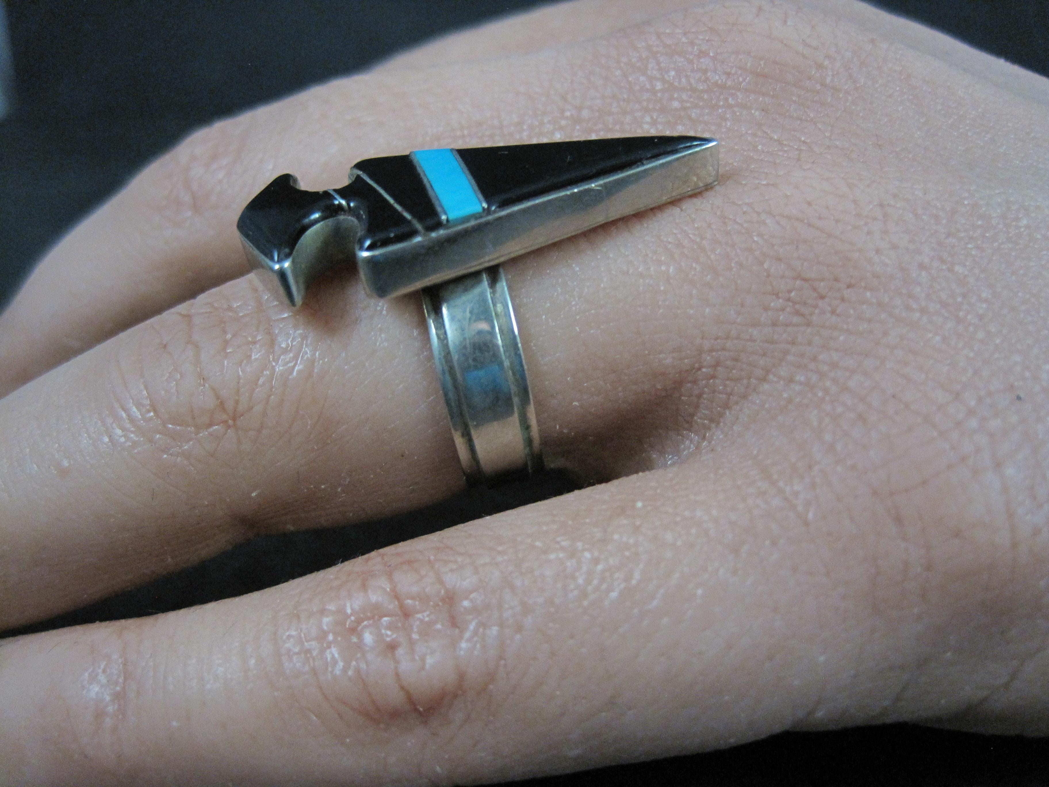 Vintage Sterling Silver Jet and Turquoise Inlay Arrowhead Ring Size 6 Signed For Sale 6