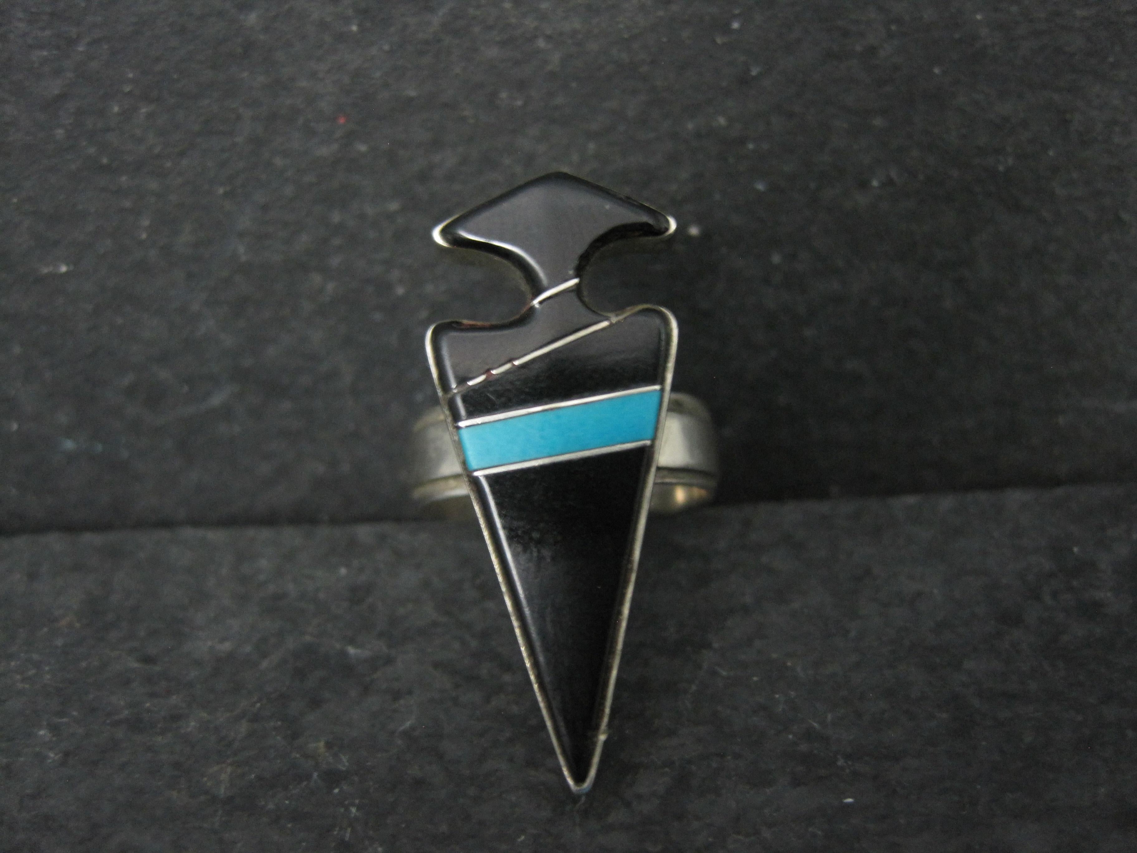 Native American Vintage Sterling Silver Jet and Turquoise Inlay Arrowhead Ring Size 6 Signed For Sale