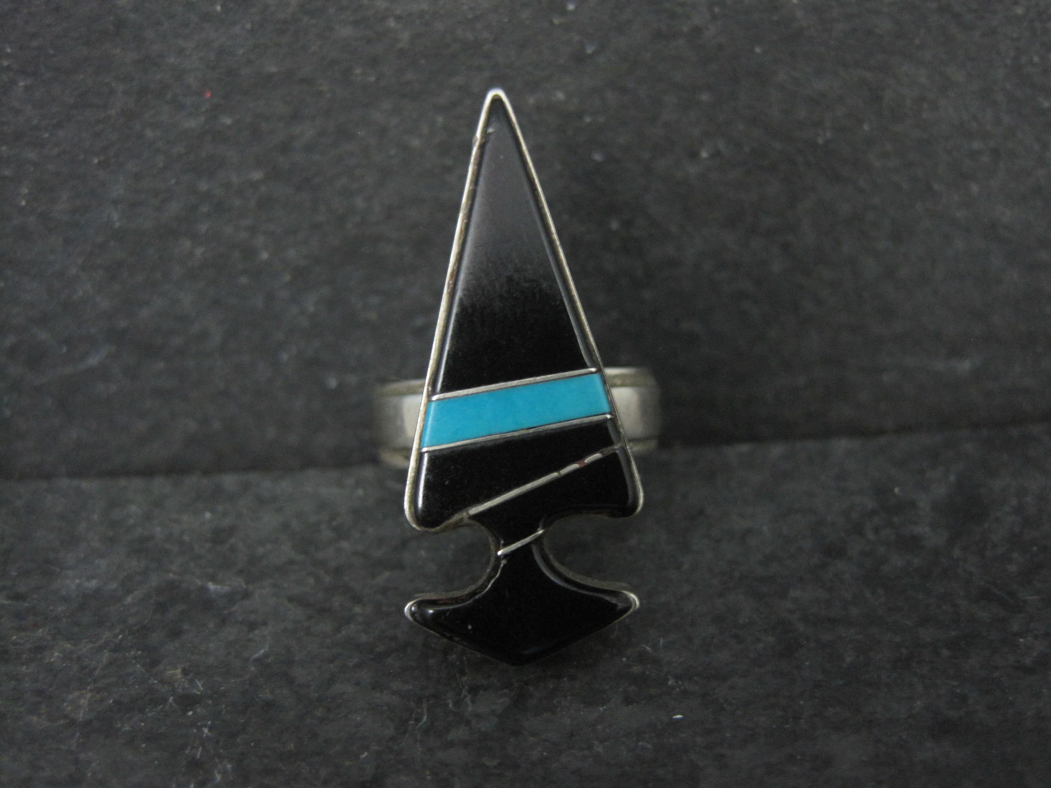 Mixed Cut Vintage Sterling Silver Jet and Turquoise Inlay Arrowhead Ring Size 6 Signed For Sale