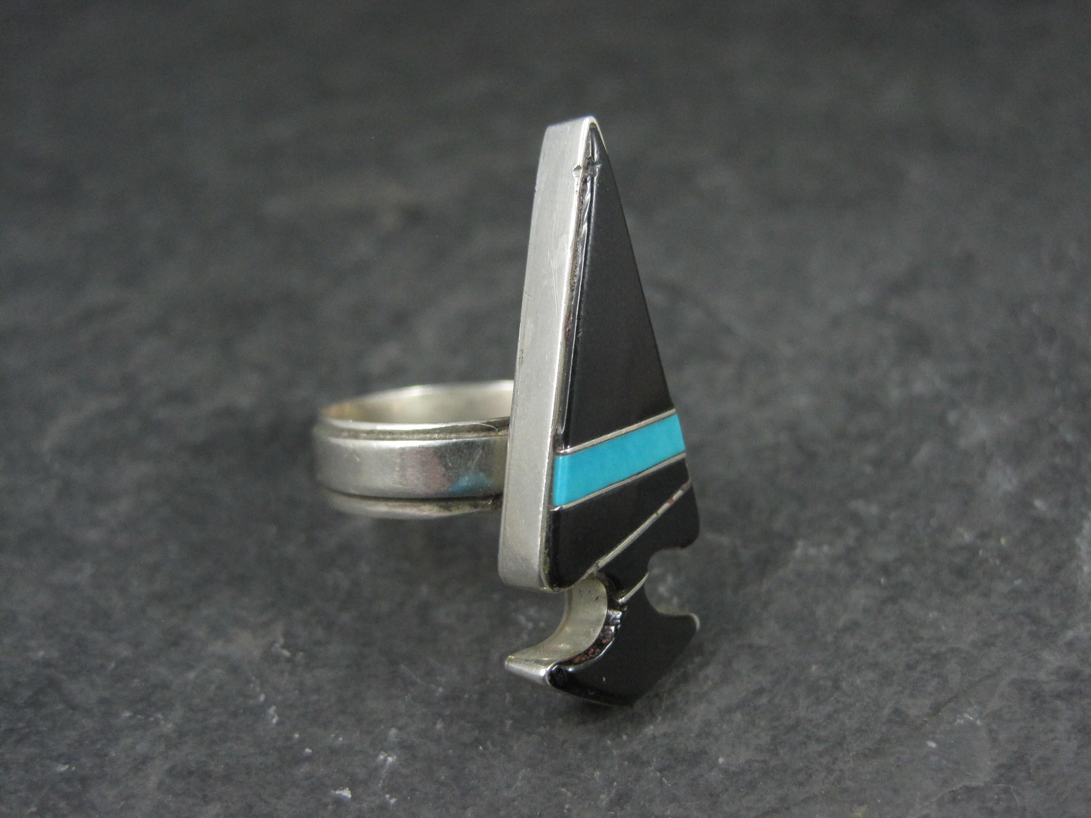 Vintage Sterling Silver Jet and Turquoise Inlay Arrowhead Ring Size 6 Signed In Excellent Condition For Sale In Webster, SD