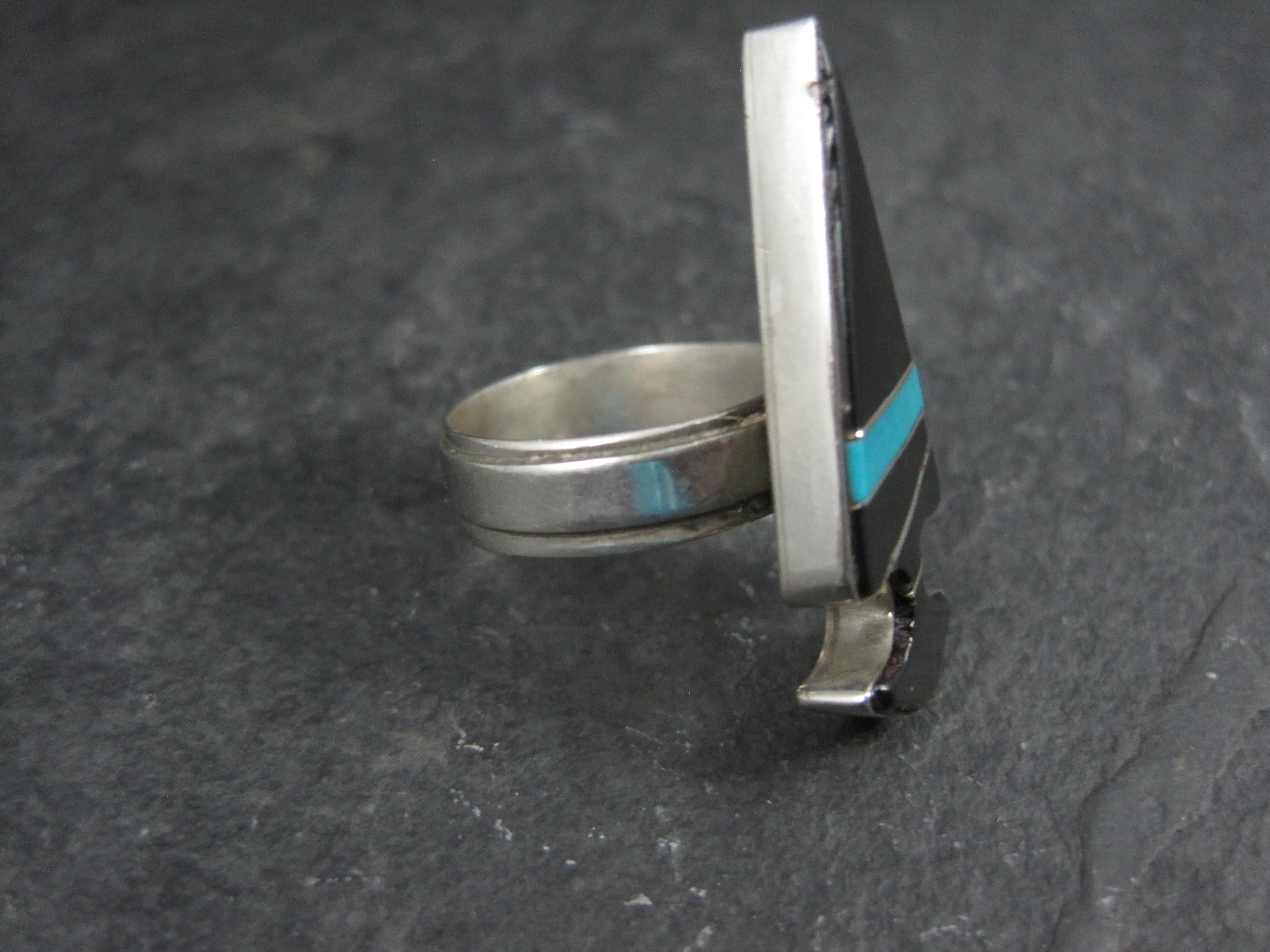 Women's Vintage Sterling Silver Jet and Turquoise Inlay Arrowhead Ring Size 6 Signed For Sale