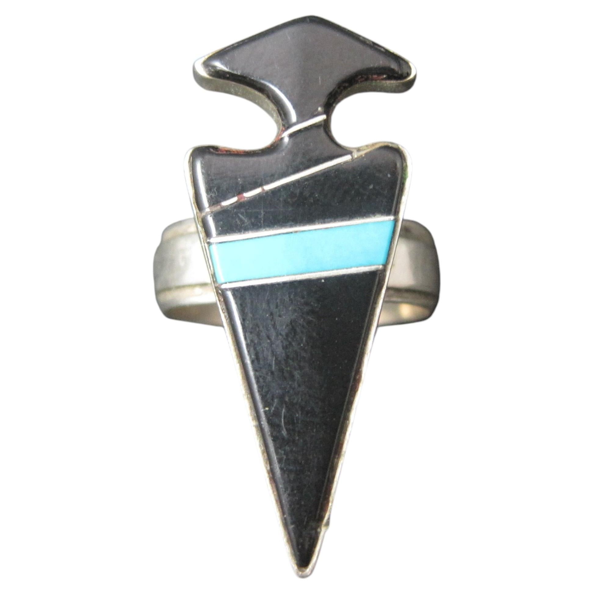 Vintage Sterling Silver Jet and Turquoise Inlay Arrowhead Ring Size 6 Signed For Sale
