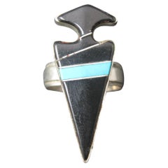 Vintage Sterling Silver Jet and Turquoise Inlay Arrowhead Ring Size 6 Signed