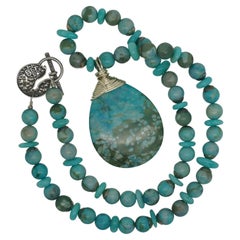 Vintage Sterling Silver Kingman Turquoise Beaded Teardrop Pendant Necklace