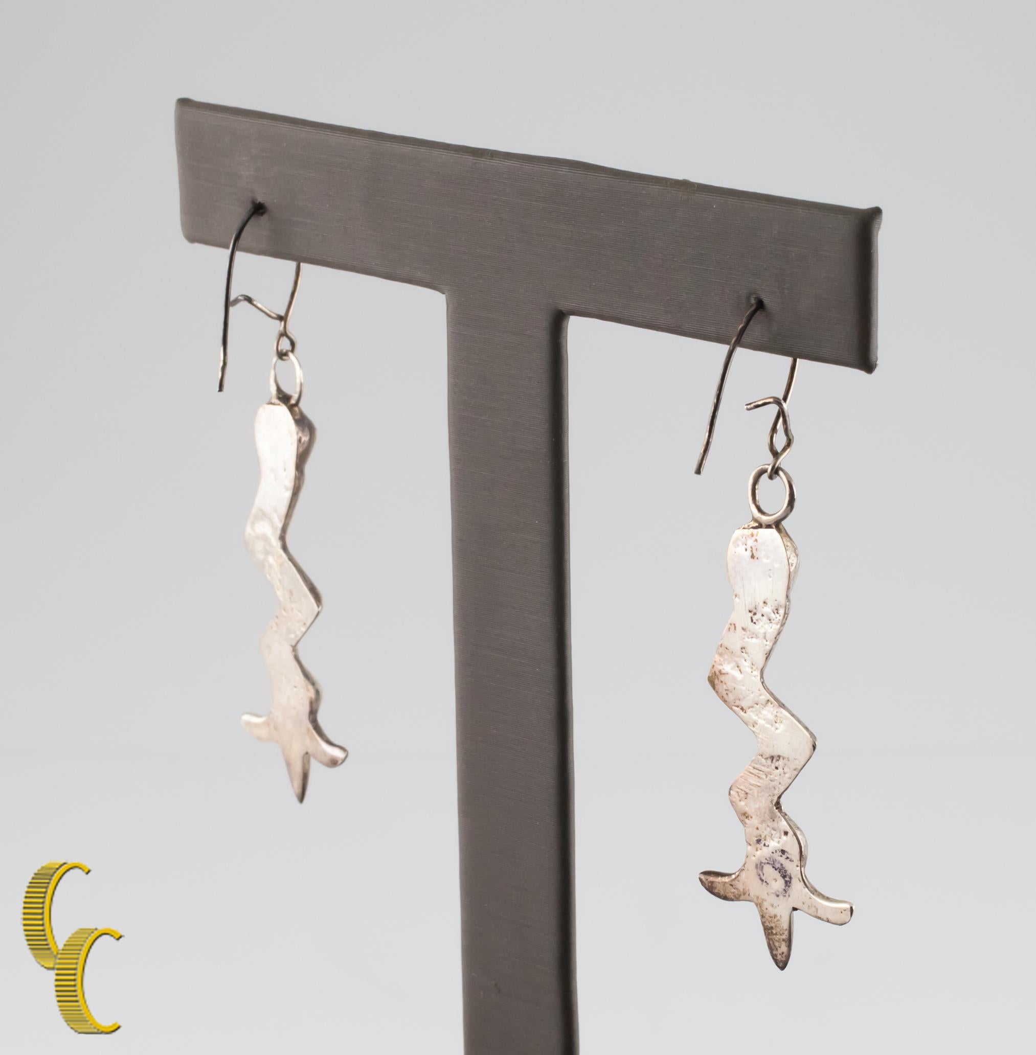 Women's or Men's Vintage Sterling Silver Lightning Bolt Dangle Earrings For Sale