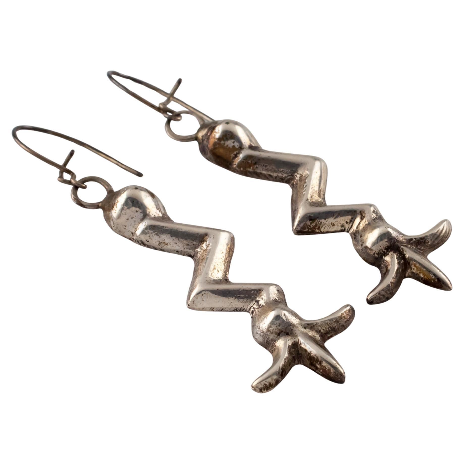 Vintage Sterling Silver Lightning Bolt Dangle Earrings For Sale