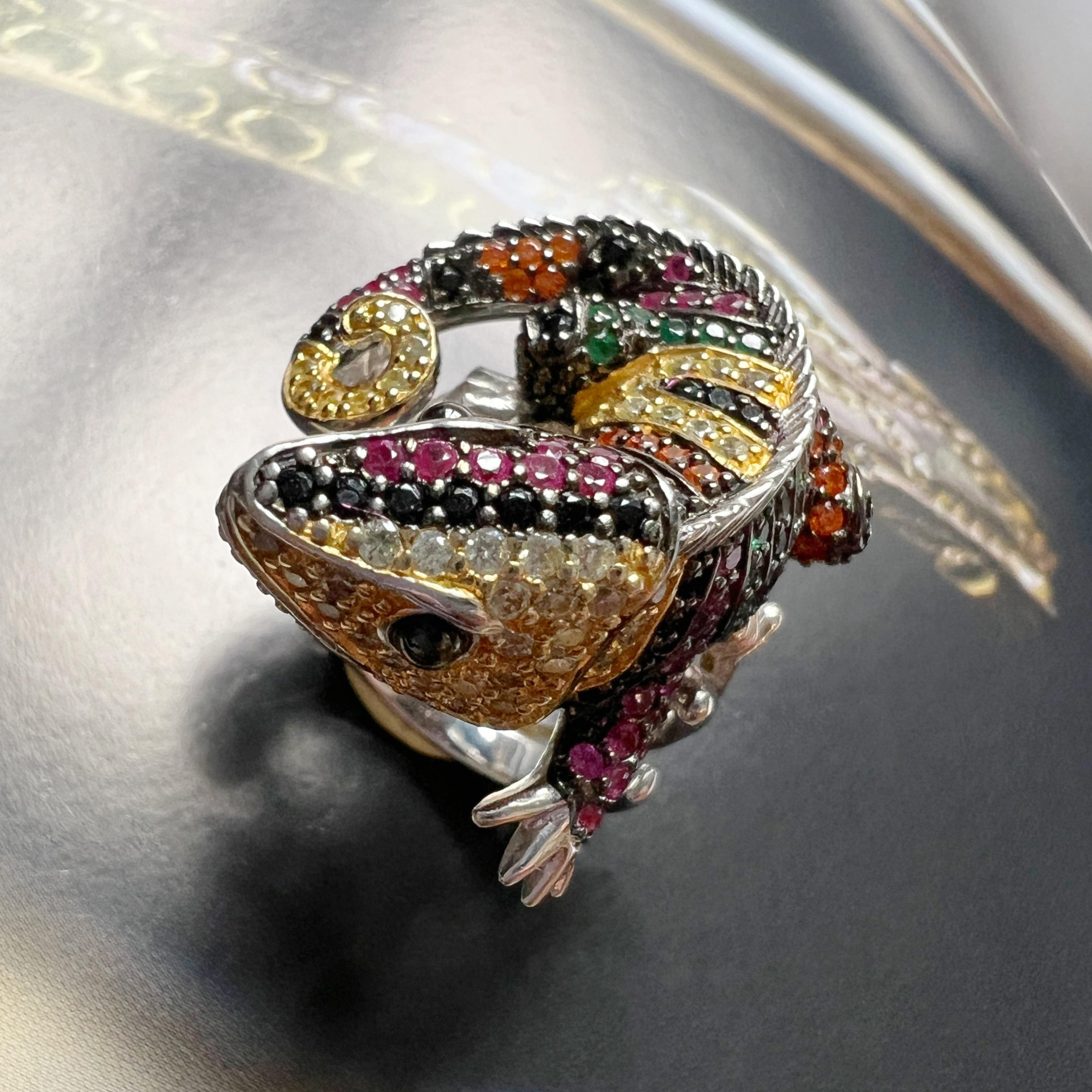 Women's or Men's Vintage sterling silver lizard cocktail ring For Sale