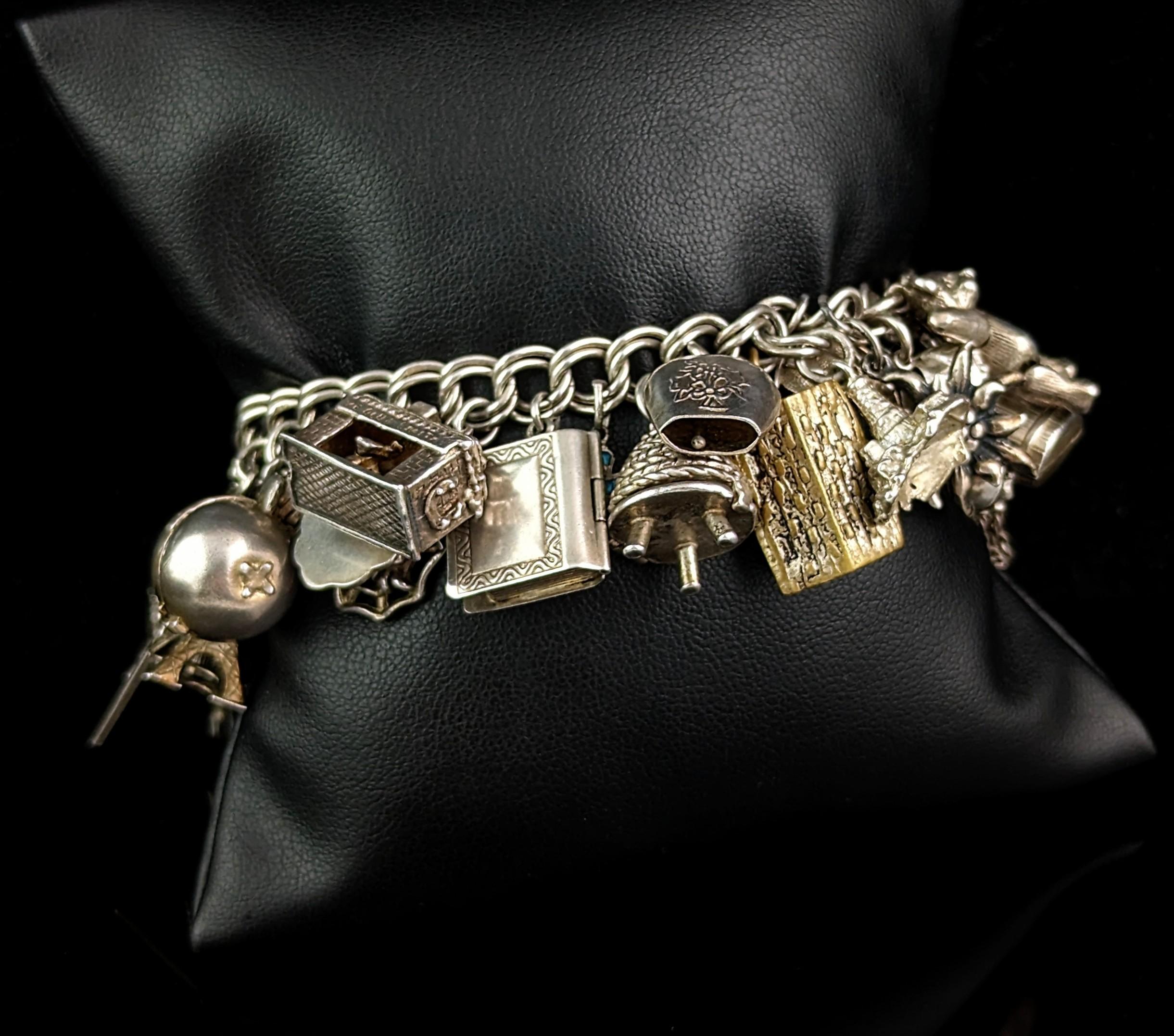 Vintage sterling silver loaded charm bracelet, Heavy, Mid century  6