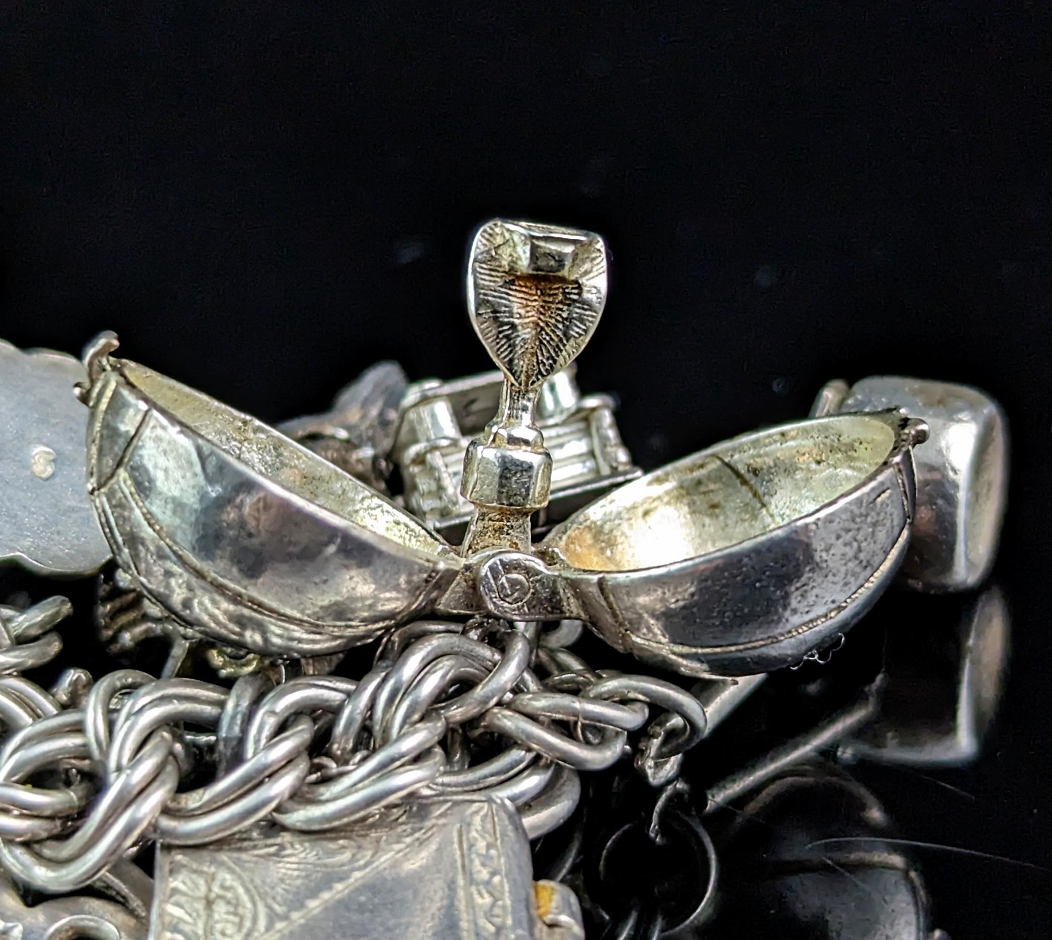 Women's Vintage sterling silver loaded charm bracelet, Heavy, Mid century  For Sale