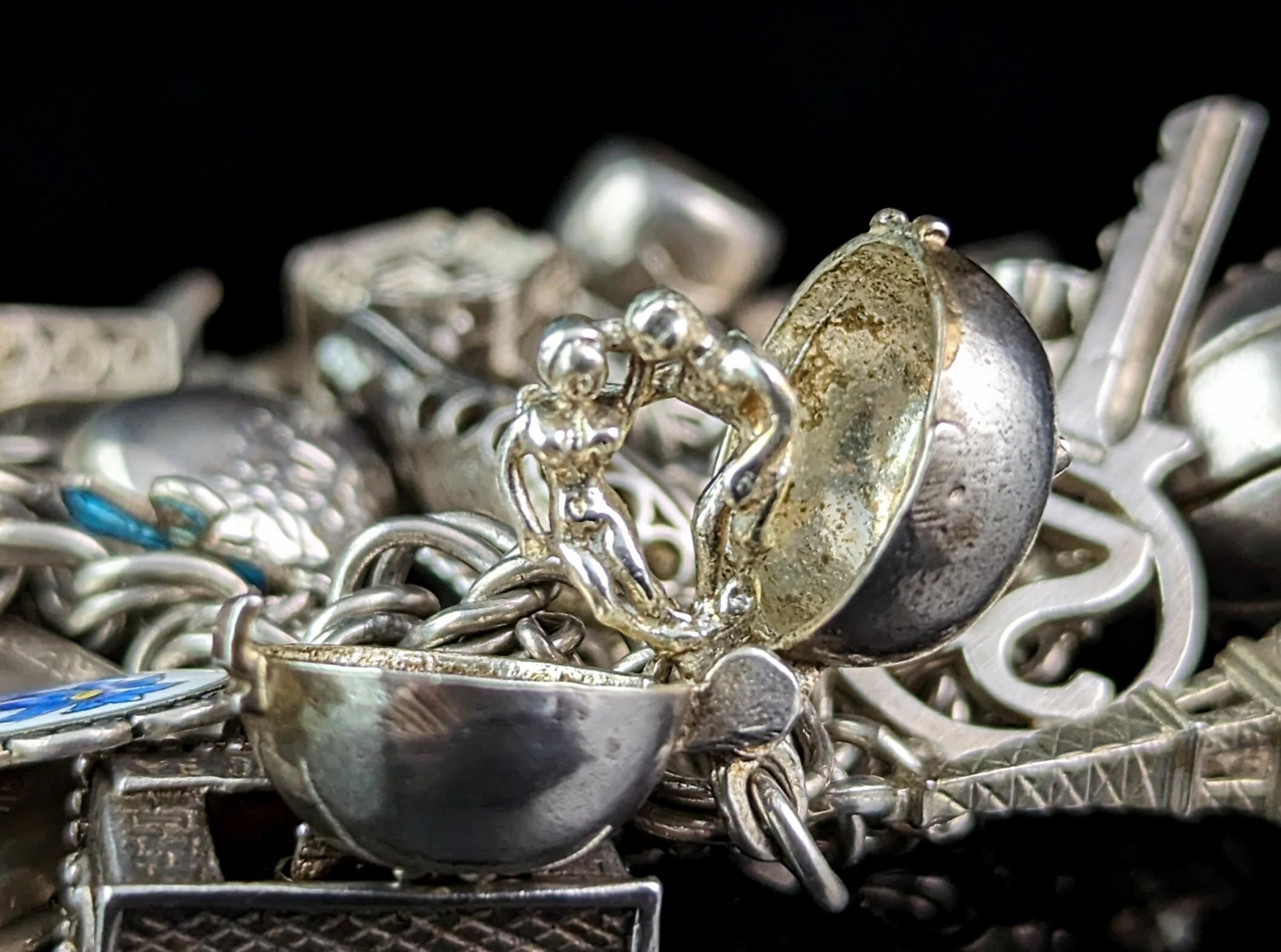 Vintage sterling silver loaded charm bracelet, Heavy, Mid century  For Sale 2