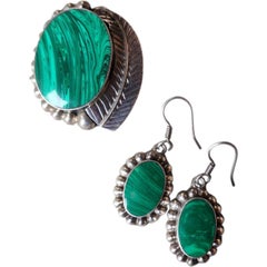 Vintage Sterling Silver Malachite Jewelry Set Navajo Brooch & Earrings