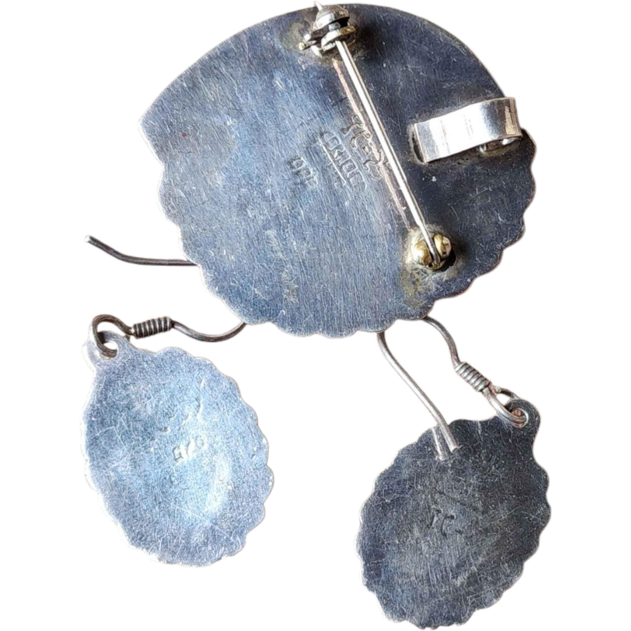 Juego de joyas vintage de plata de ley con malaquita Broche y pendientes navajo Cabujón en venta