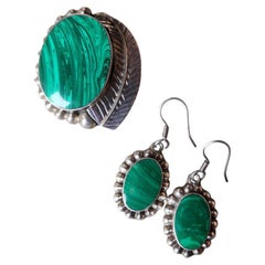 Set di gioielli in malachite in argento Sterling vintage Spilla e orecchini Navajo
