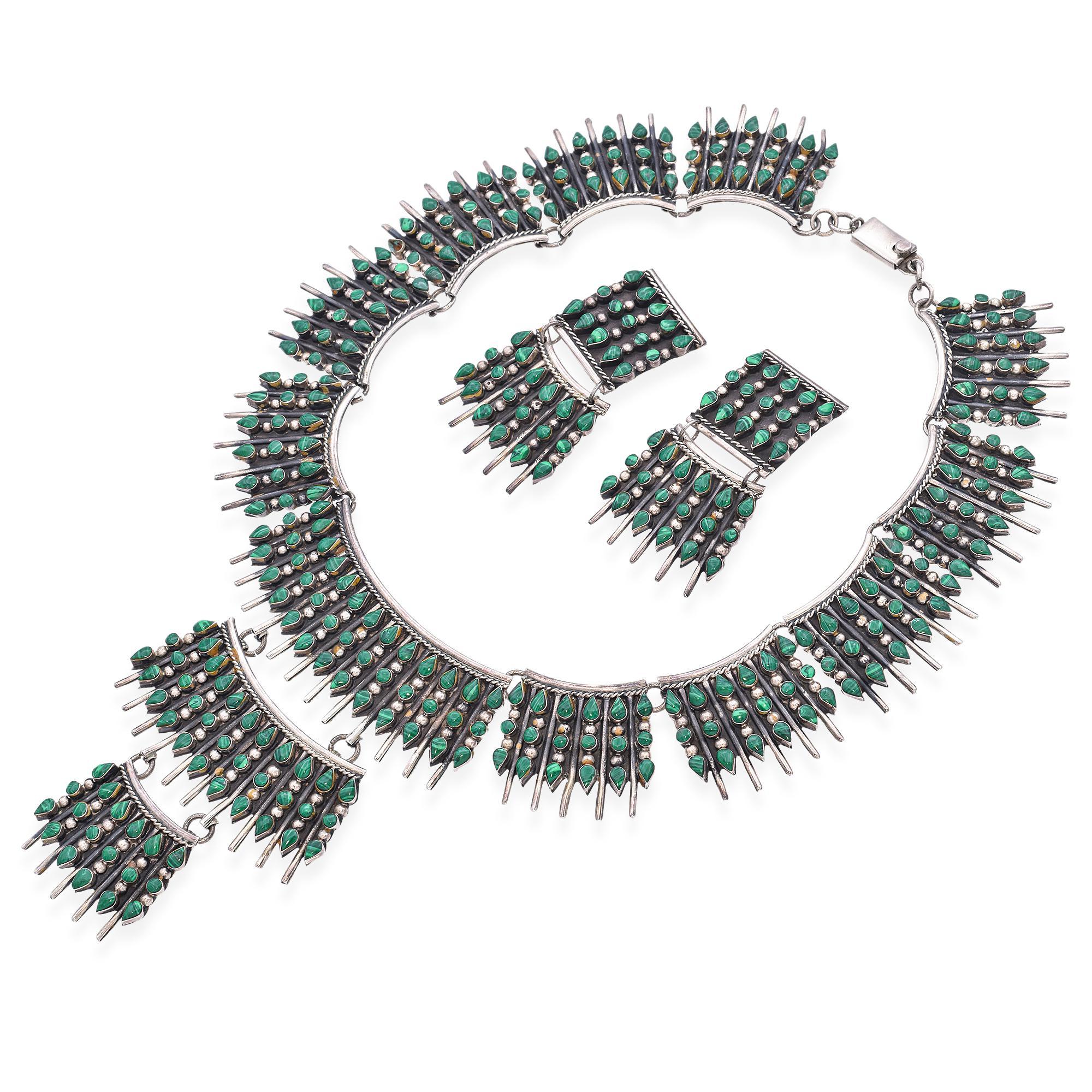 Cabochon Collana e orecchini a clip in malachite in argento sterling vintage in vendita