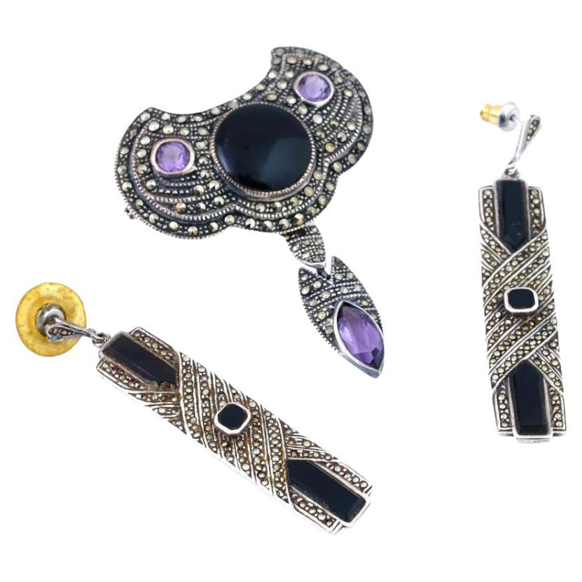 Vintage Sterling Silver Marcasite Amethyst Onyx Brooch and Earrings Set For Sale