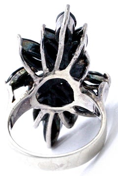 Vintage Sterling Silver Marcasite and Black Marquise Cut Glass Statement Ring