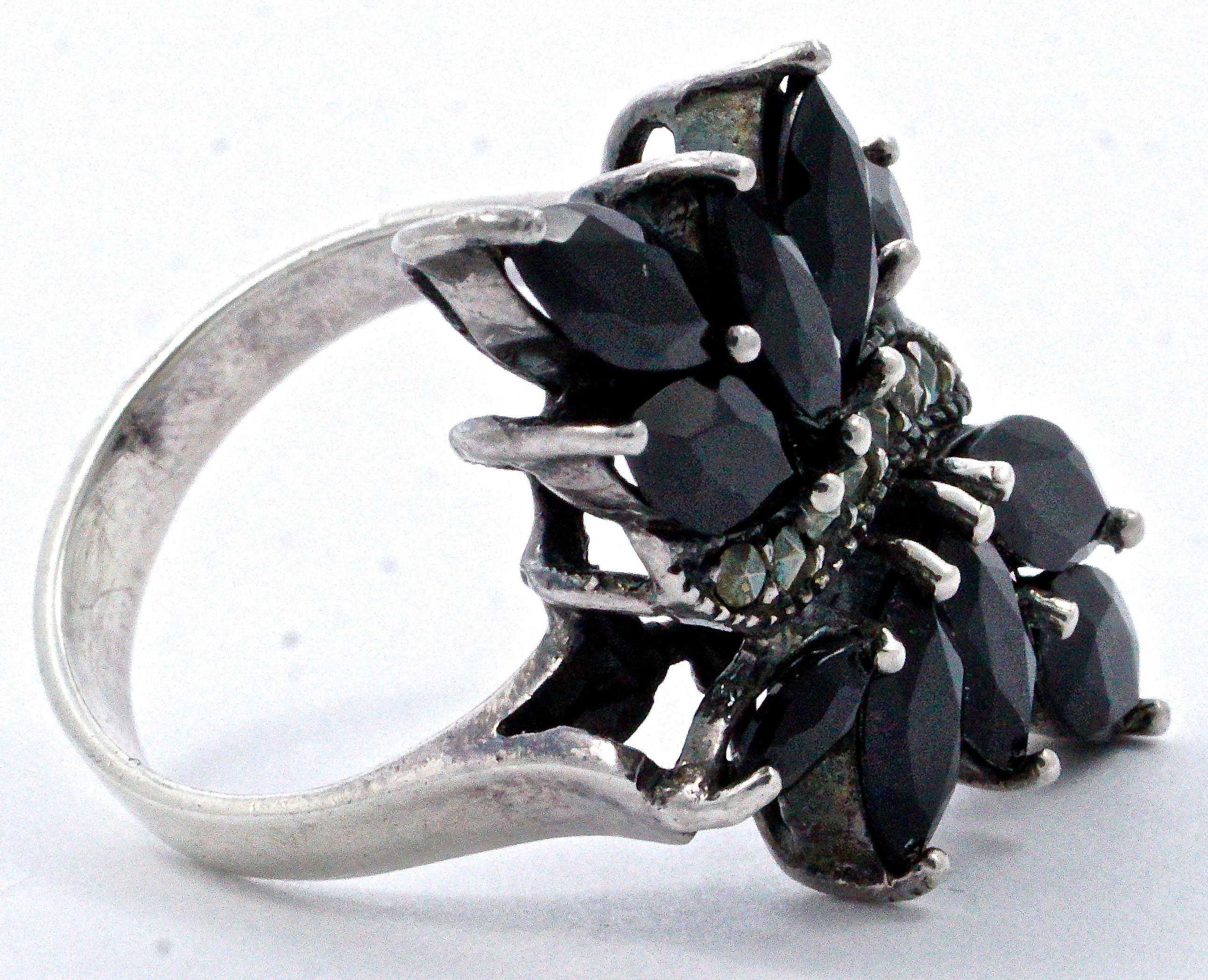 Women's or Men's Vintage Sterling Silver Marcasite and Black Marquise Cut Glass Statement Ring  For Sale