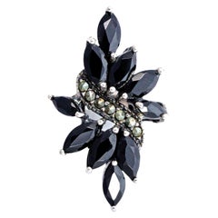 Retro Sterling Silver Marcasite and Black Marquise Cut Glass Statement Ring 