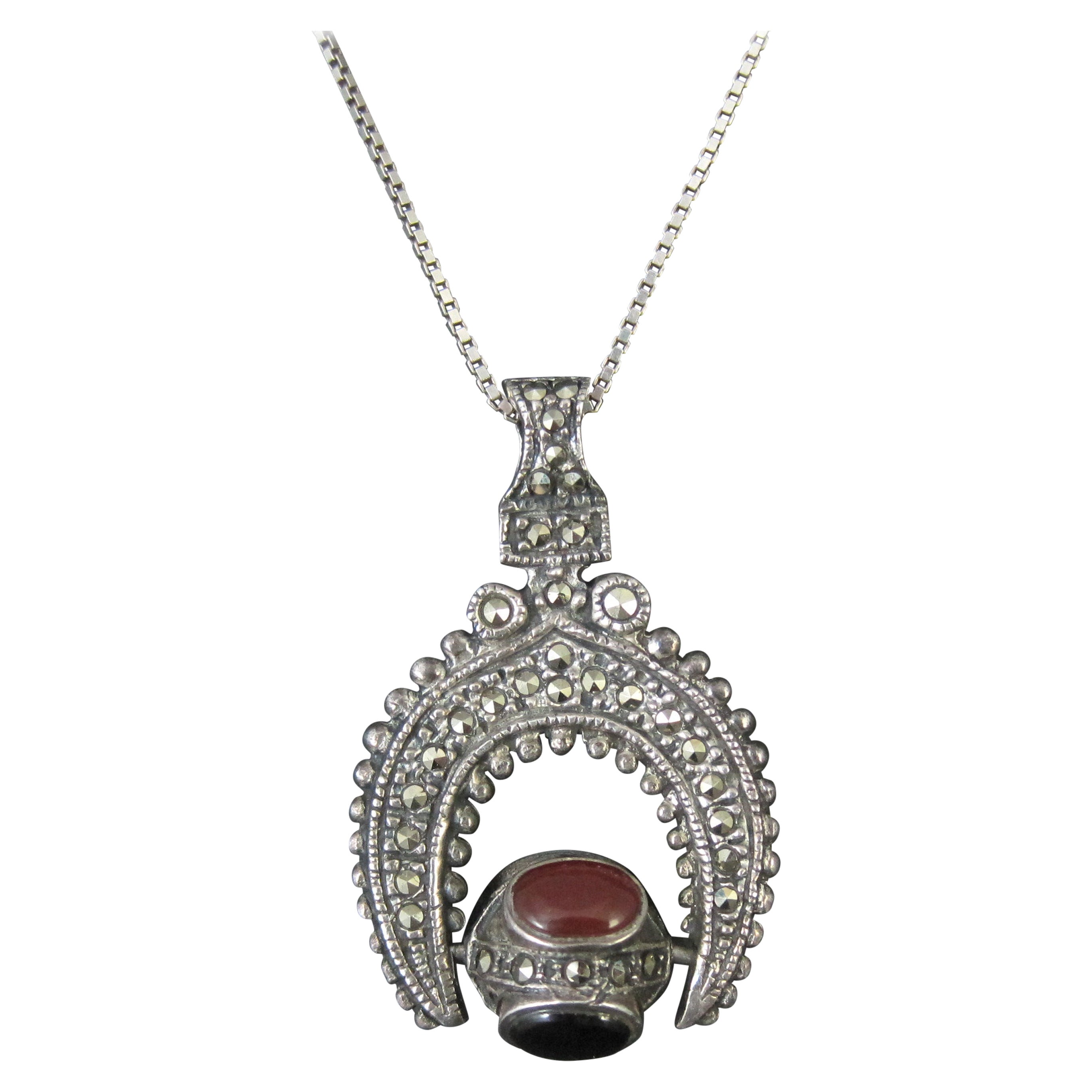 Vintage Sterling Silver Marcasite Gemstone Spinner Pendentif Necklace