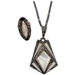 Retro Sterling Silver, Marcasite, Mother of Pearl Pendant Necklace & Ring